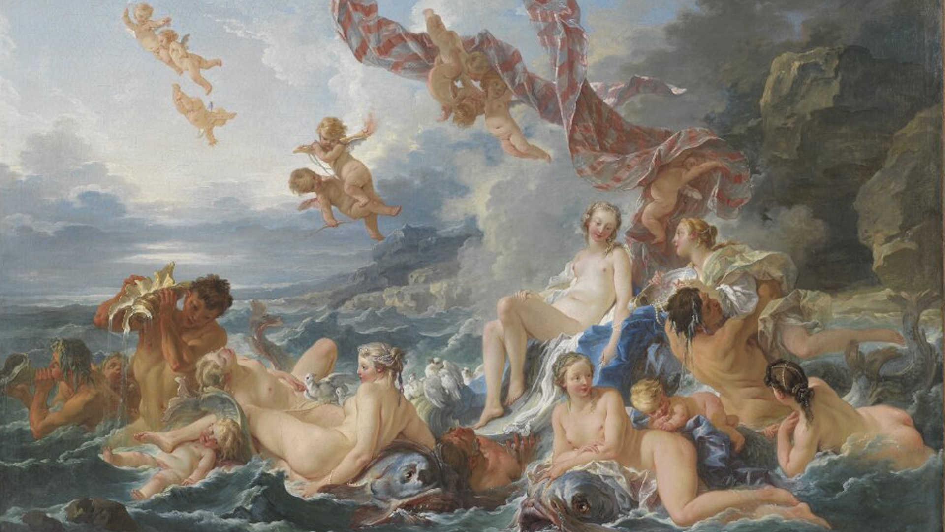 Abbildung von Bouchers Gemälde der Triumph der Venus. Zu sehen sind viele nackte Menschen über einem tosenden Gewässer.