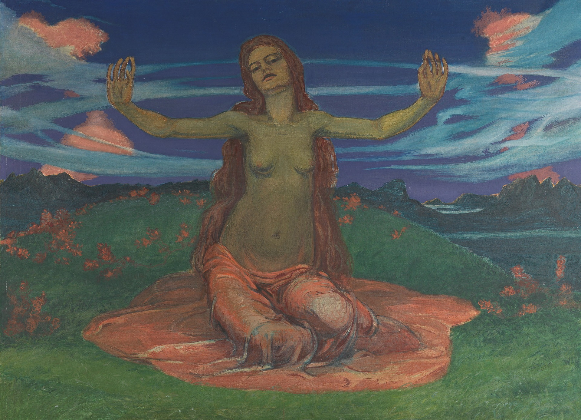 August Babbergers Frau auf Wiese / Erwachen. Es zeigt eine Frau mit nacktem Oberkörper. Sie streckt ihre Arme halb hoch. Im Hintergrund sieht man eine Bergkulisse.