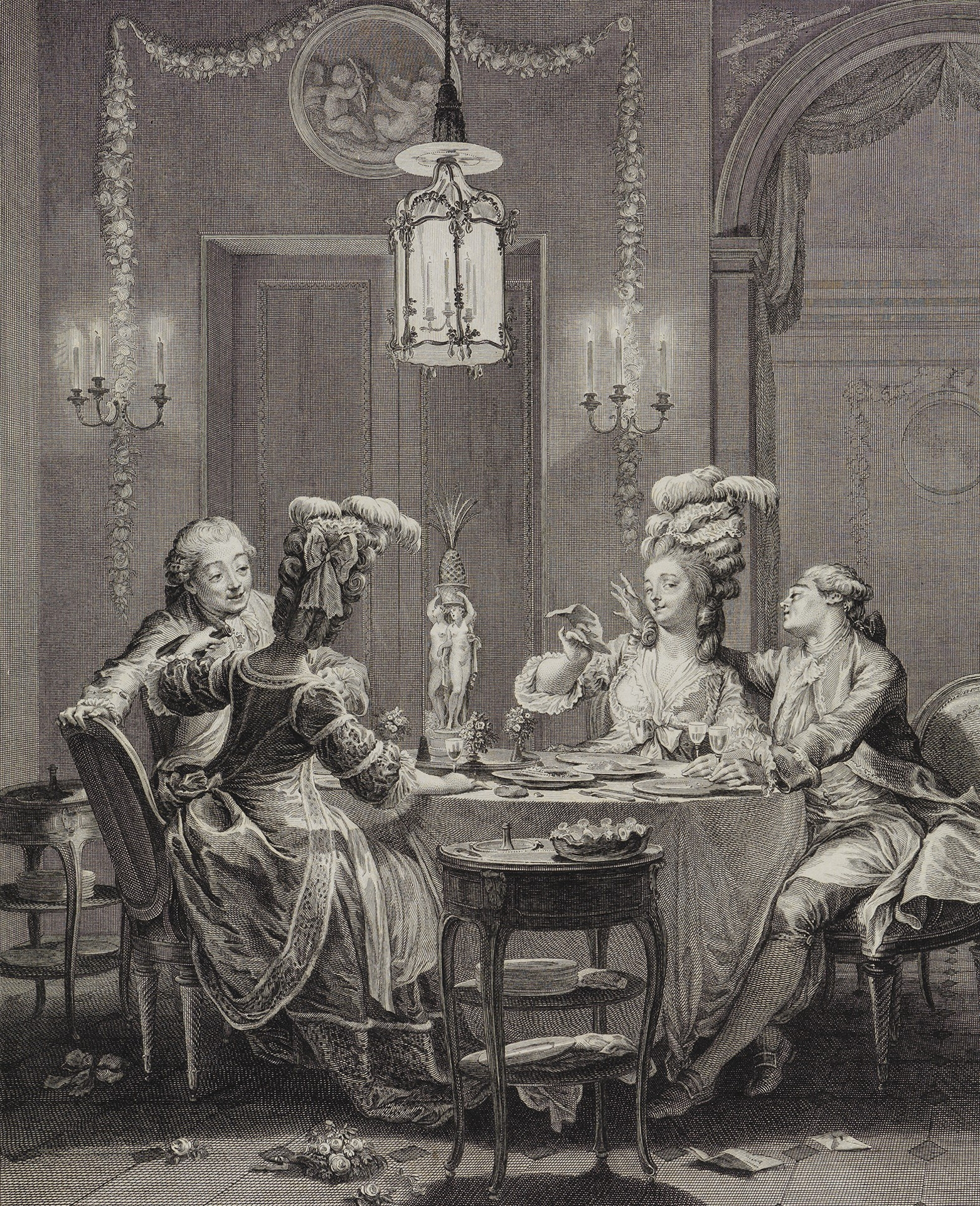 Le Souper fin von Isidore Stanislas Henri Helman. Es zeigt einen üppig gedeckten Tisch mit vier Personen in Rokokokleidern.