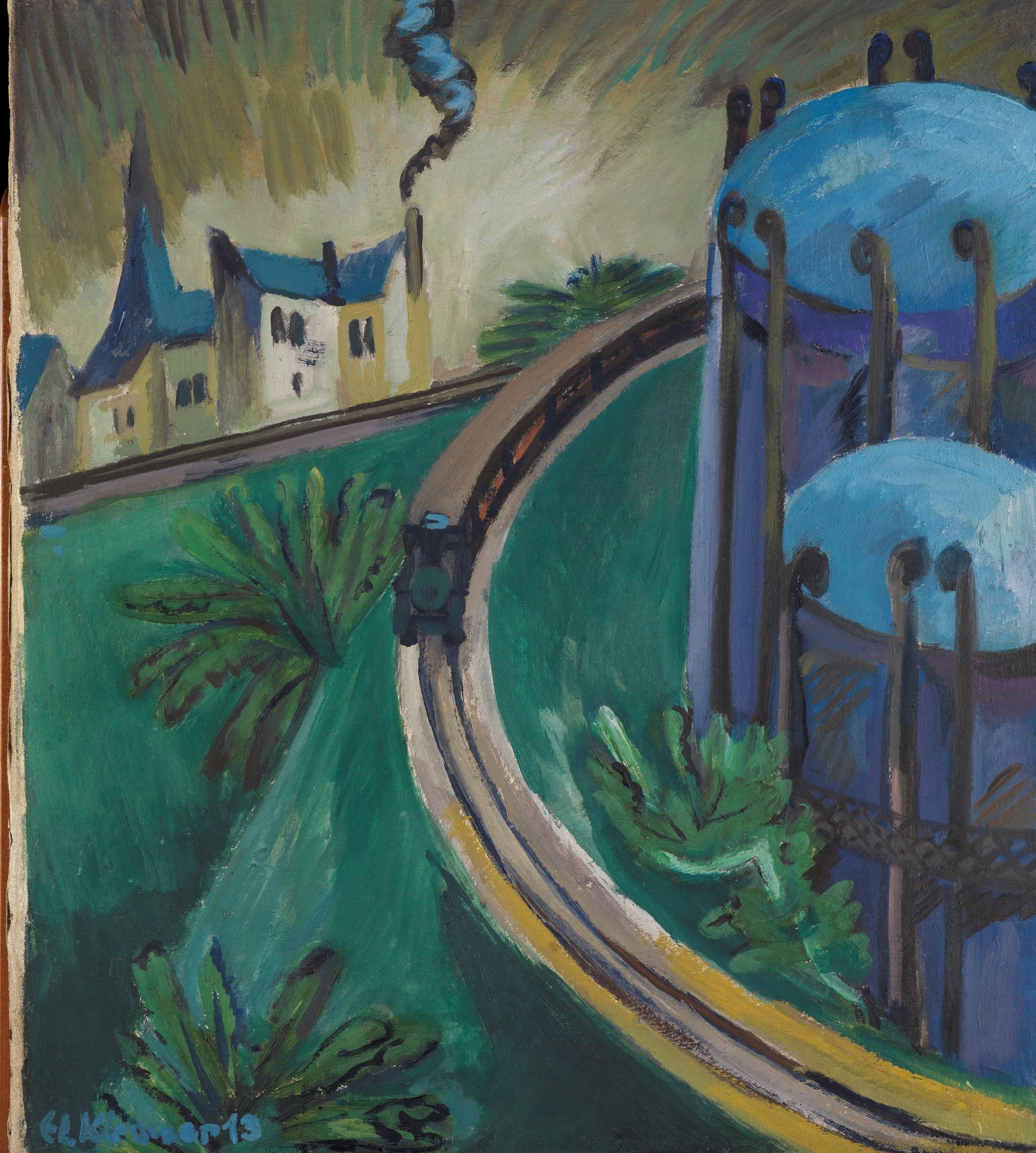 Kirchners Gemälde Gaskessel und Vorortsbahn. Das Gemälde ist sehr abstrakt und zeigt in der Vogelperspektive die Bahngleise mit Bahn in einer Stadtlandschaft.