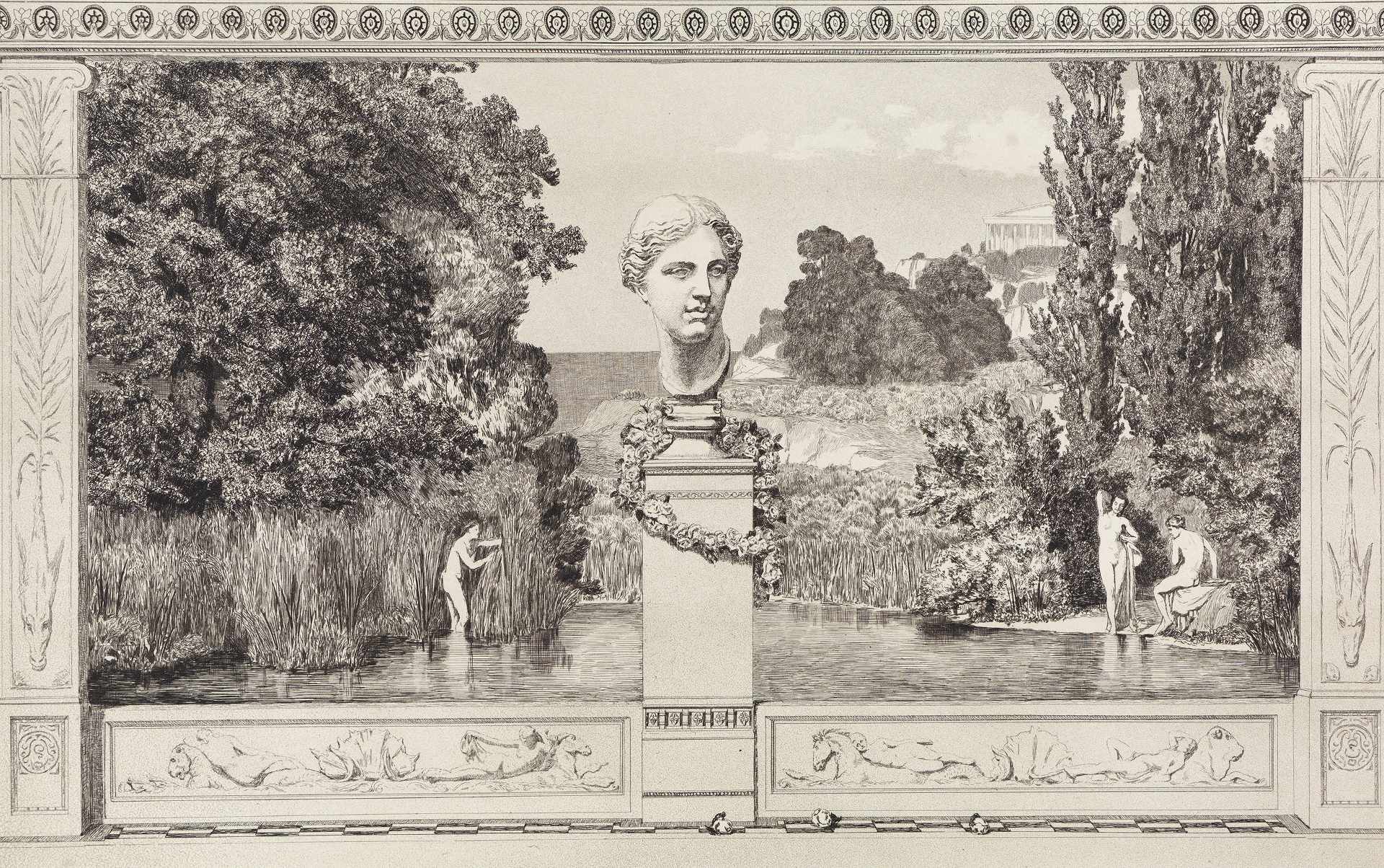 Titelblatt von Max Klingers Evocation. Es zeigt eine Marmorbüste auf einem Sockel. Im Hintergrund ist ein See mit badenden Frauen.