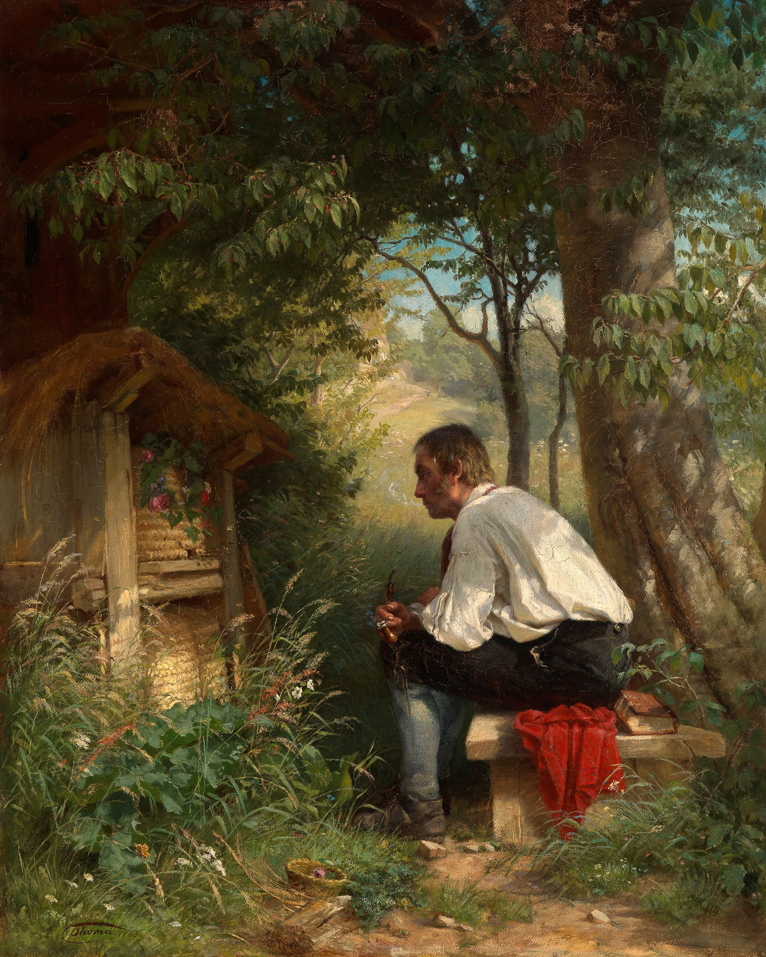 Hans Thomas Bienenfreund. Es zeigt einen Mann der vor einem Bienenstock sitzt und diesen betrachtet.