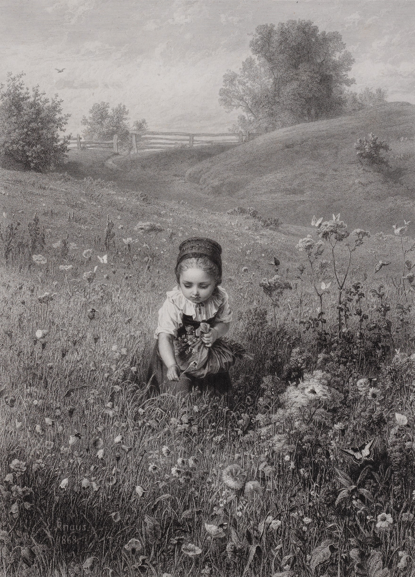 Eduard Willmanns Blumensammelndes kleines Mädchen. Das Mädchen ist auf einer Blumenwiese dargestellt. Im Hintergrund sieht man einen Zaun und Bäume.