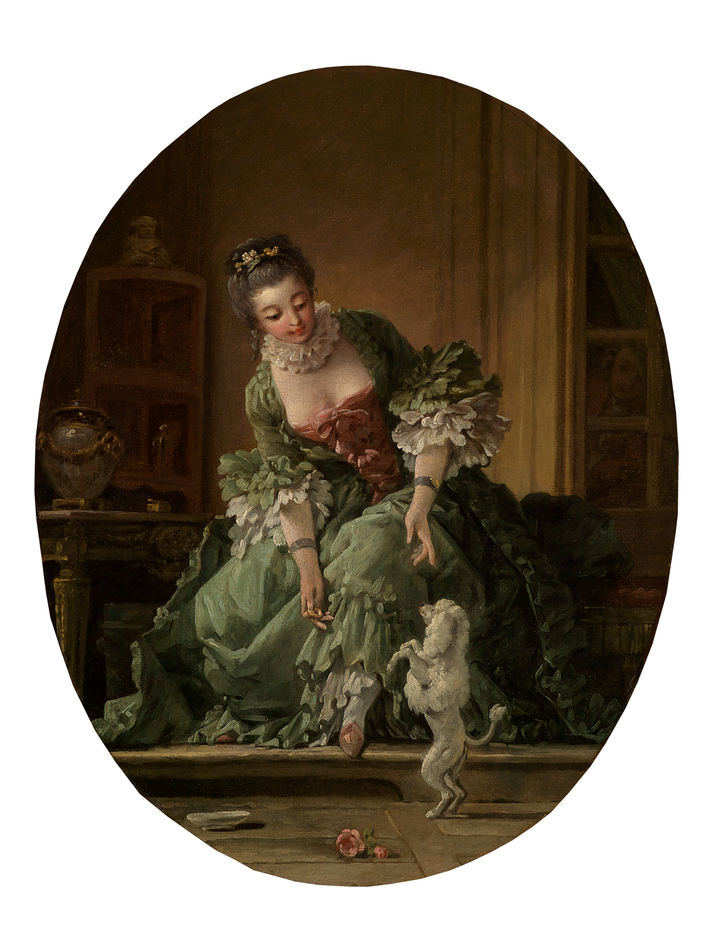Gemälde von François Boucher, auf dem eine junge Frau in Rokoko-Kleidung zu sehen ist, die ihrem Hund ein Kunststück beibringt.