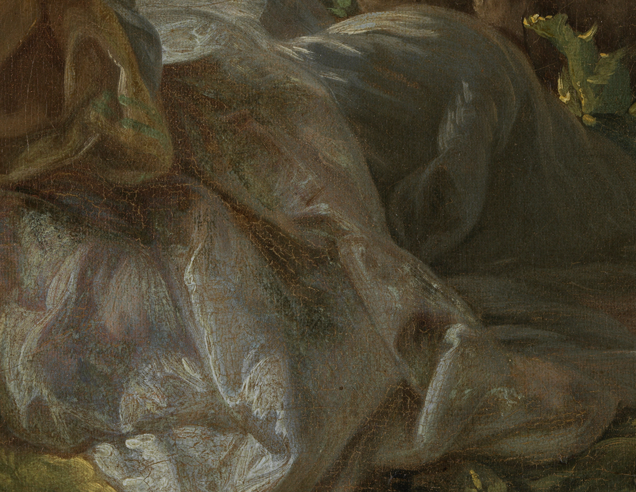 Detail des Boucher-Gemäldes Zwei Schäferinnen, auf dem die Pigmentveränderung zu sehen ist