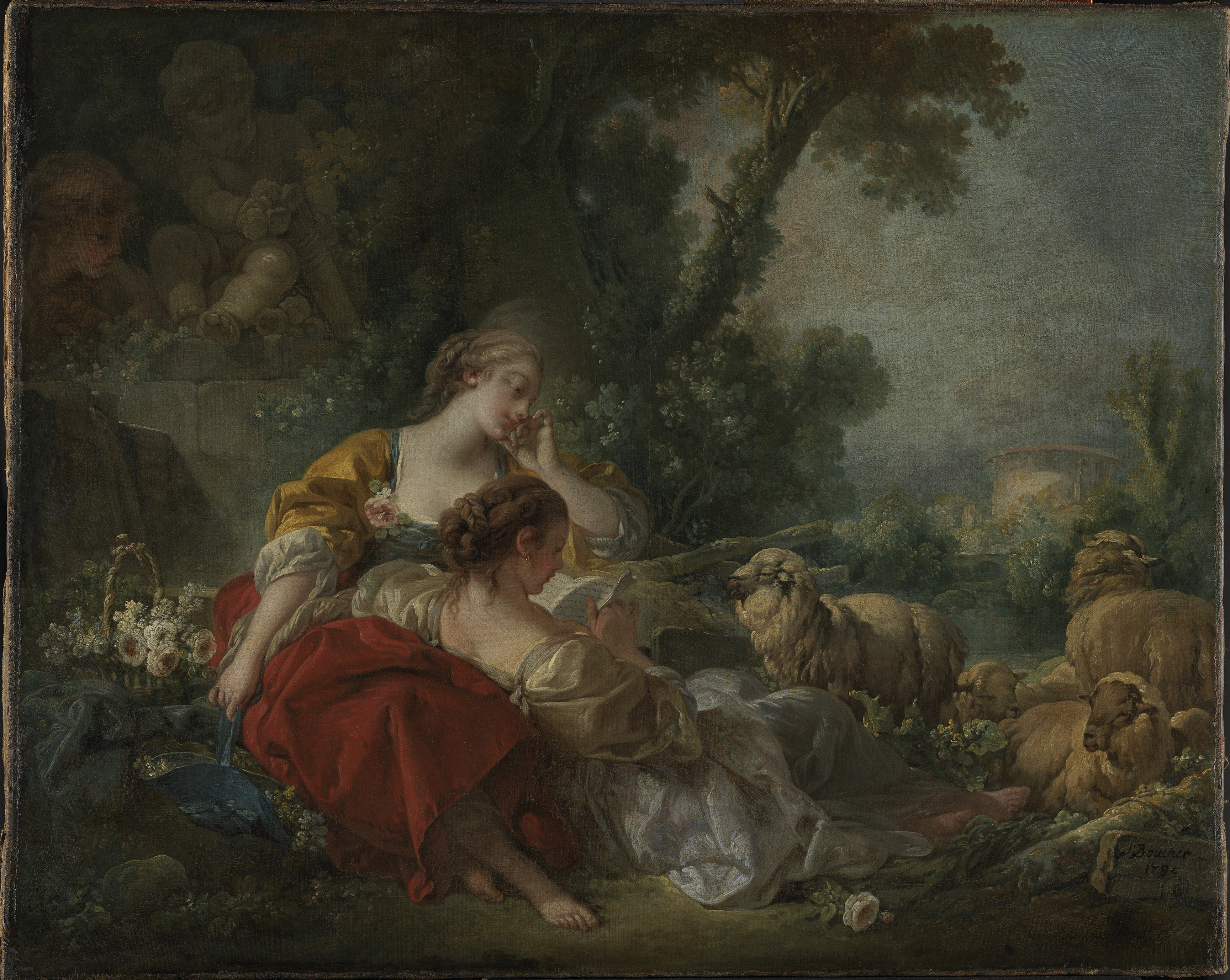 Painting by François Boucher showing two seated shepherdesses with sheep in nature in a rococo scene