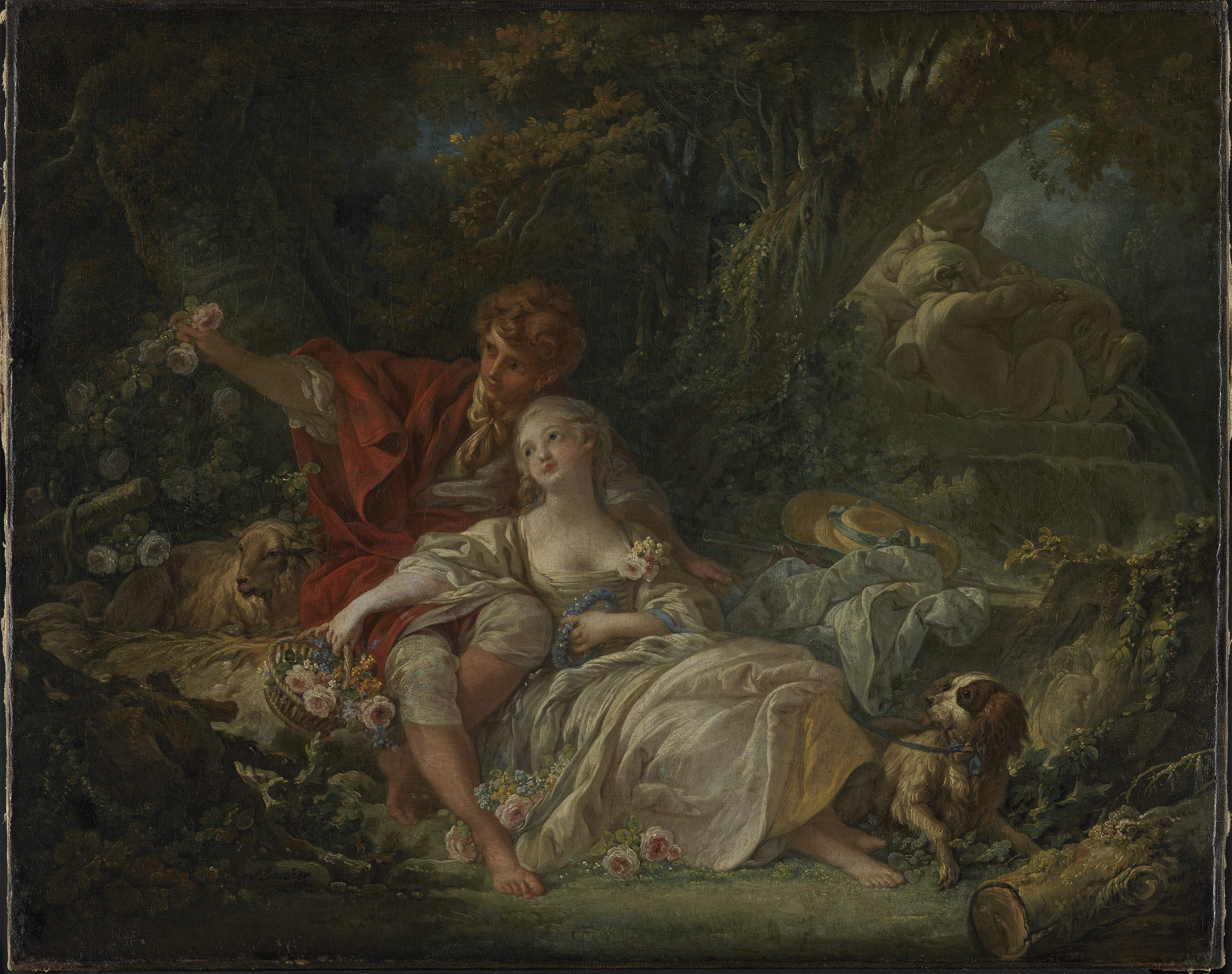 François Bouchers Gemälde Schäfer und Schäferin, auf dem ein Paar in der Natur inszeniert wird, umgeben von Blumen und einem Hund