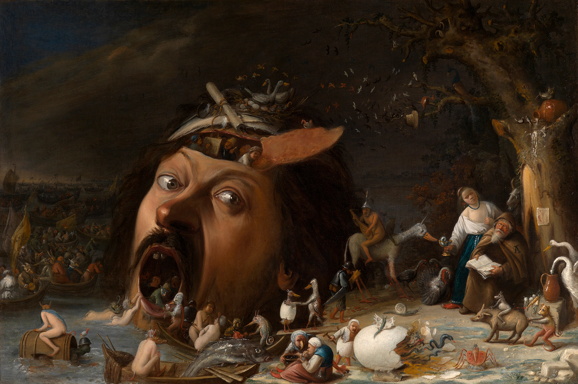 Zahlreiche Dämonen und Versuchungen sind rund um den großen, an Mund und Schädel geöffneten Kopf im Zentrum des Bildes zu sehen.