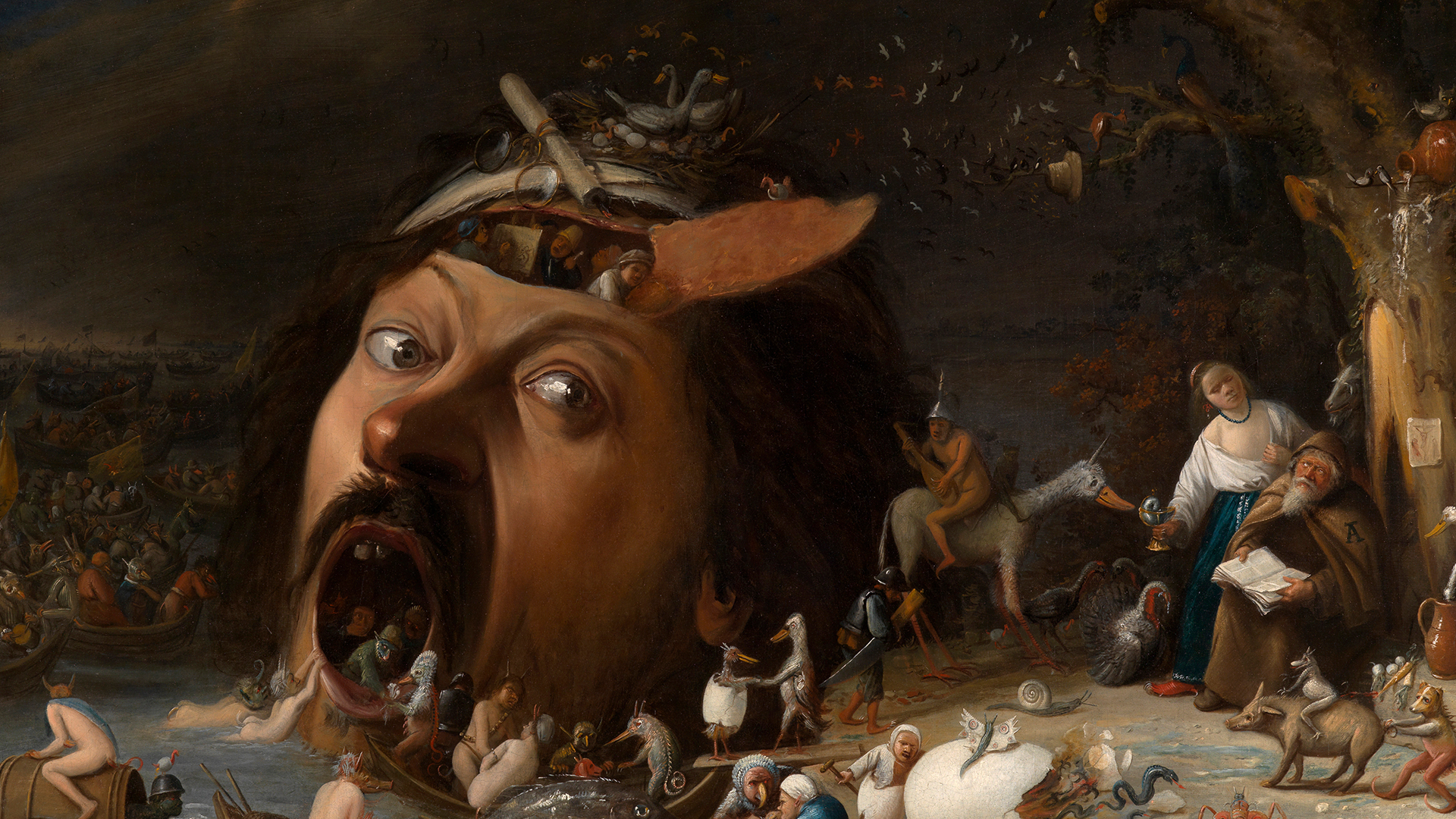 Detail des Gemäldes Die Versuchung des Heiligen Antonius von Joos van Craesbeeck, auf dem ein Kopf zu sehen ist, der von Dämonen umzingelt und bevölkert ist