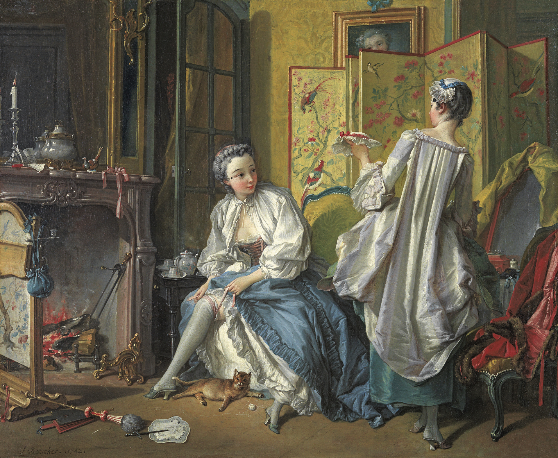 Gemälde Die Morgentoilette von François Boucher. zu sehen ist eine Frau, die sich ihre Strümpfe anzieht. Eine andere Frau sieht man von hinten. Sie gibt der sitzenden Frau einen Hut.