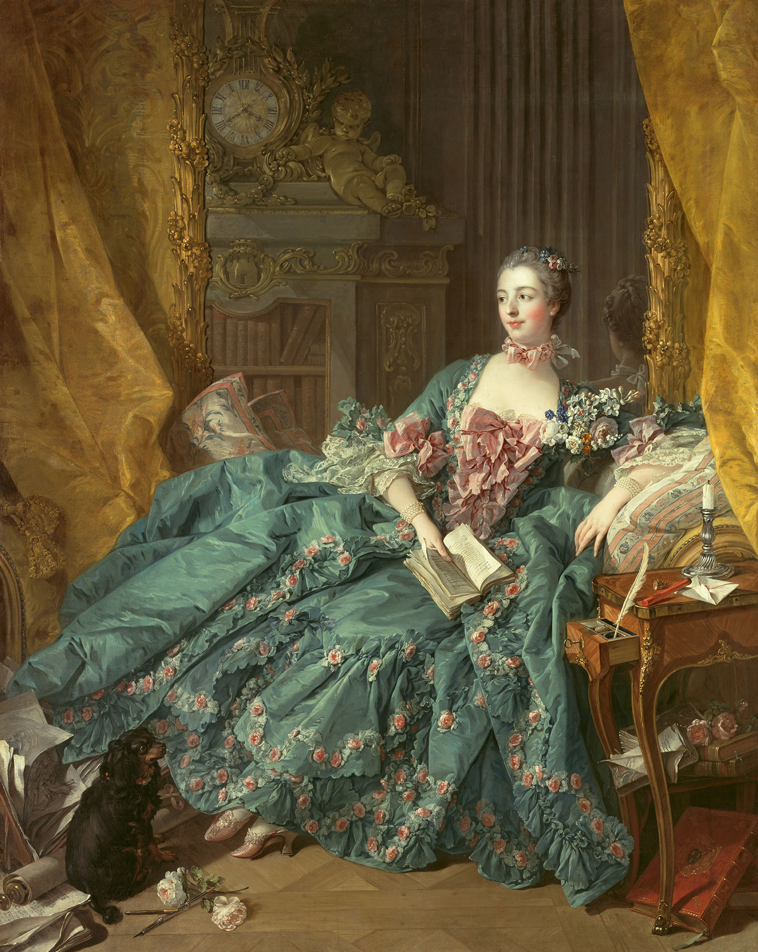 Painting Portrait of Madame de Pompadour by François Boucher, created in 1756. It shows Madame Pompadour in a blue dress resting on an armchair. In her right hand she is holding an open book.