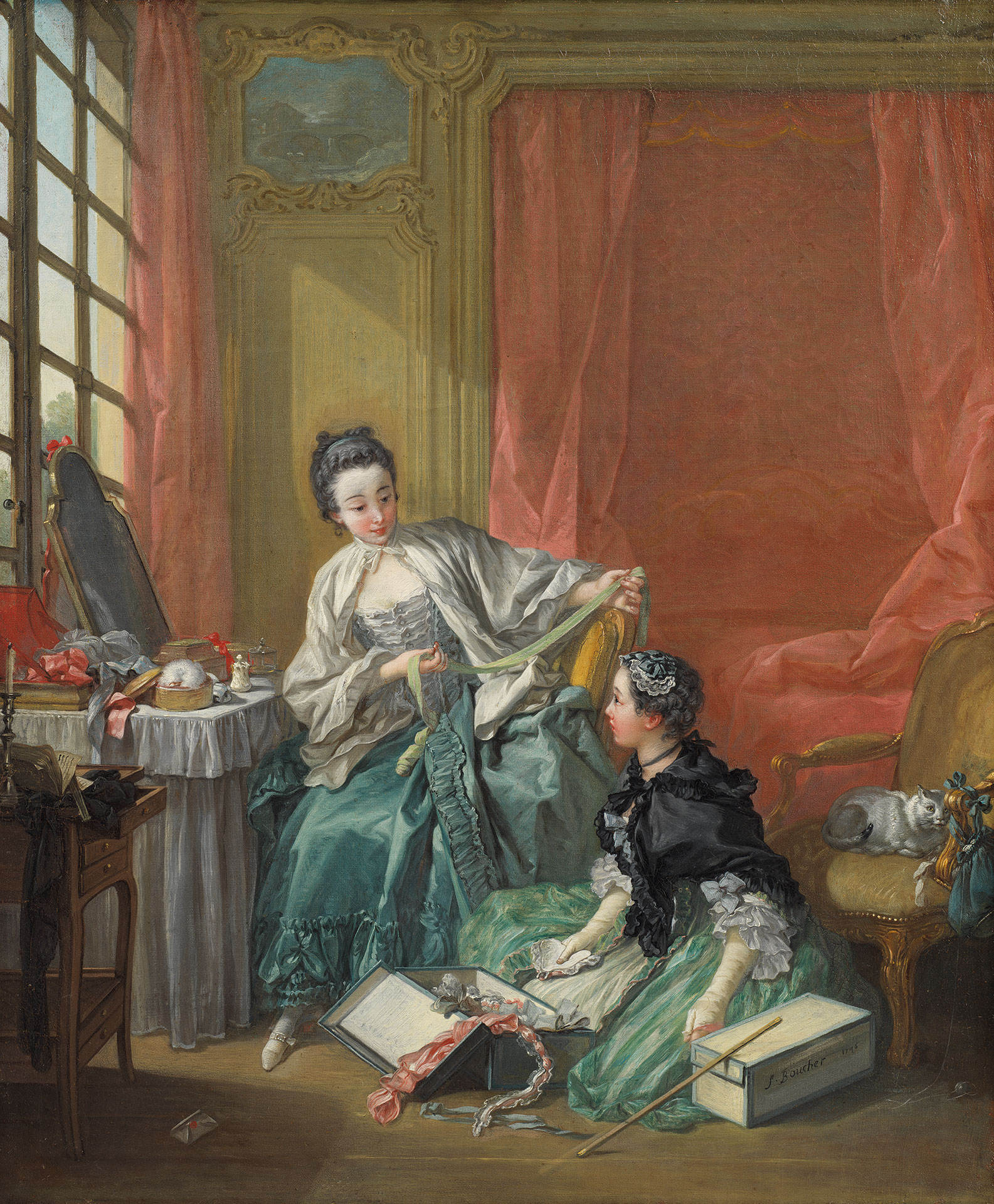Painting The Milliner by François Boucher. The picture shows two women in front of a dressing table. Both appear to be looking for something in a box on the floor.