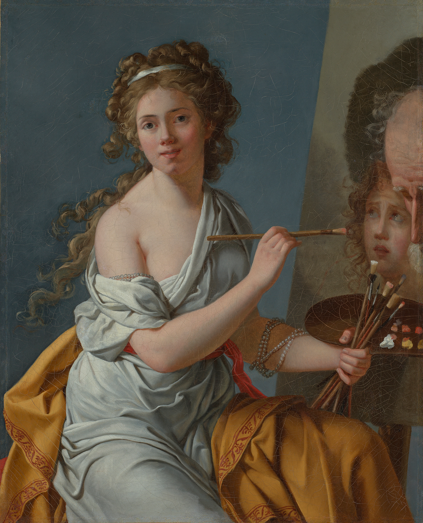 Gemälde auf dem eine idealisiert dargestellte Frau die Betrachter*innen anblickt, während sie auf einer Leinwand ein Porträt anfertigt.
