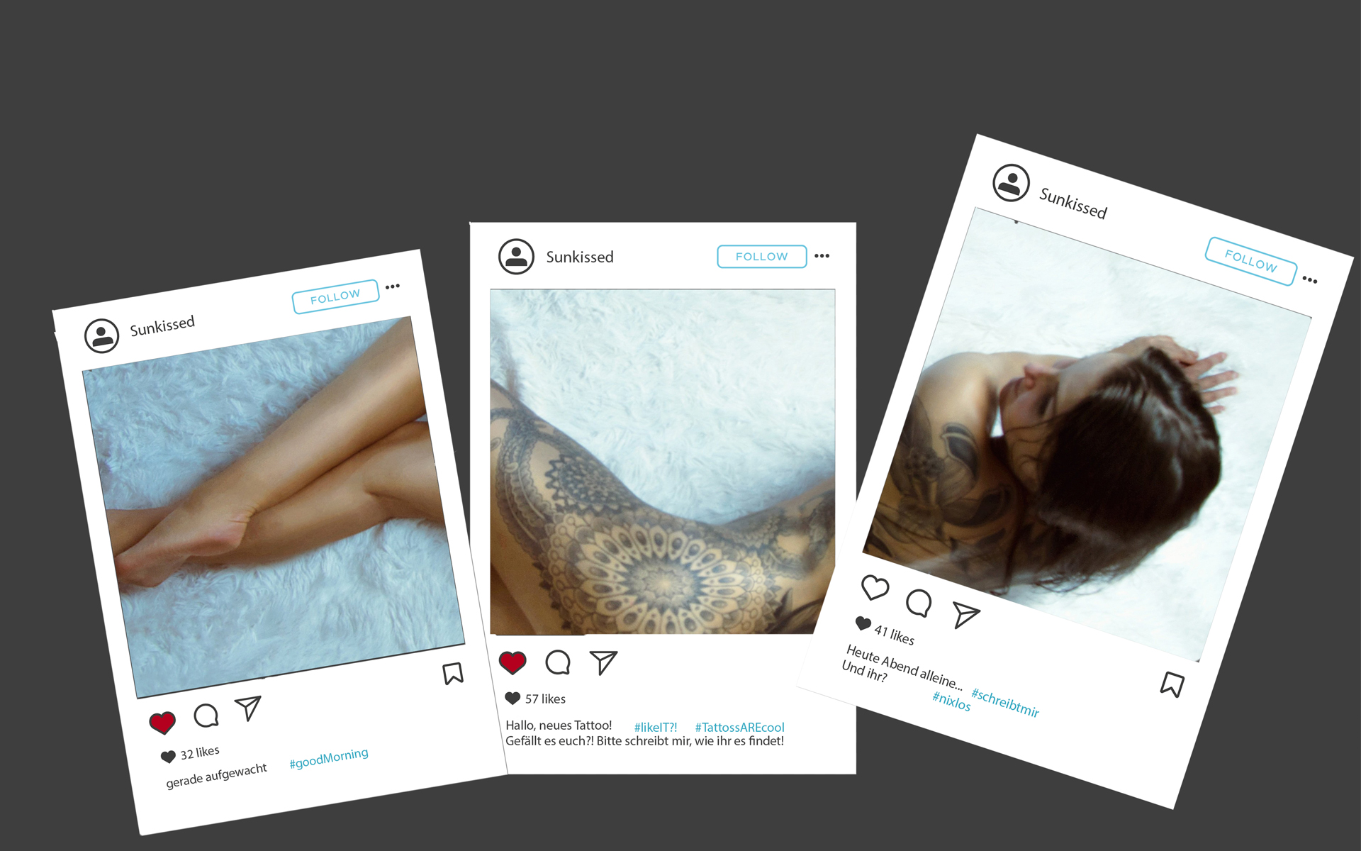 Fotomontage, auf der auf drei Instagrampostings eine Aktfotografie einer tätowierten jungen Frau zu sehen ist