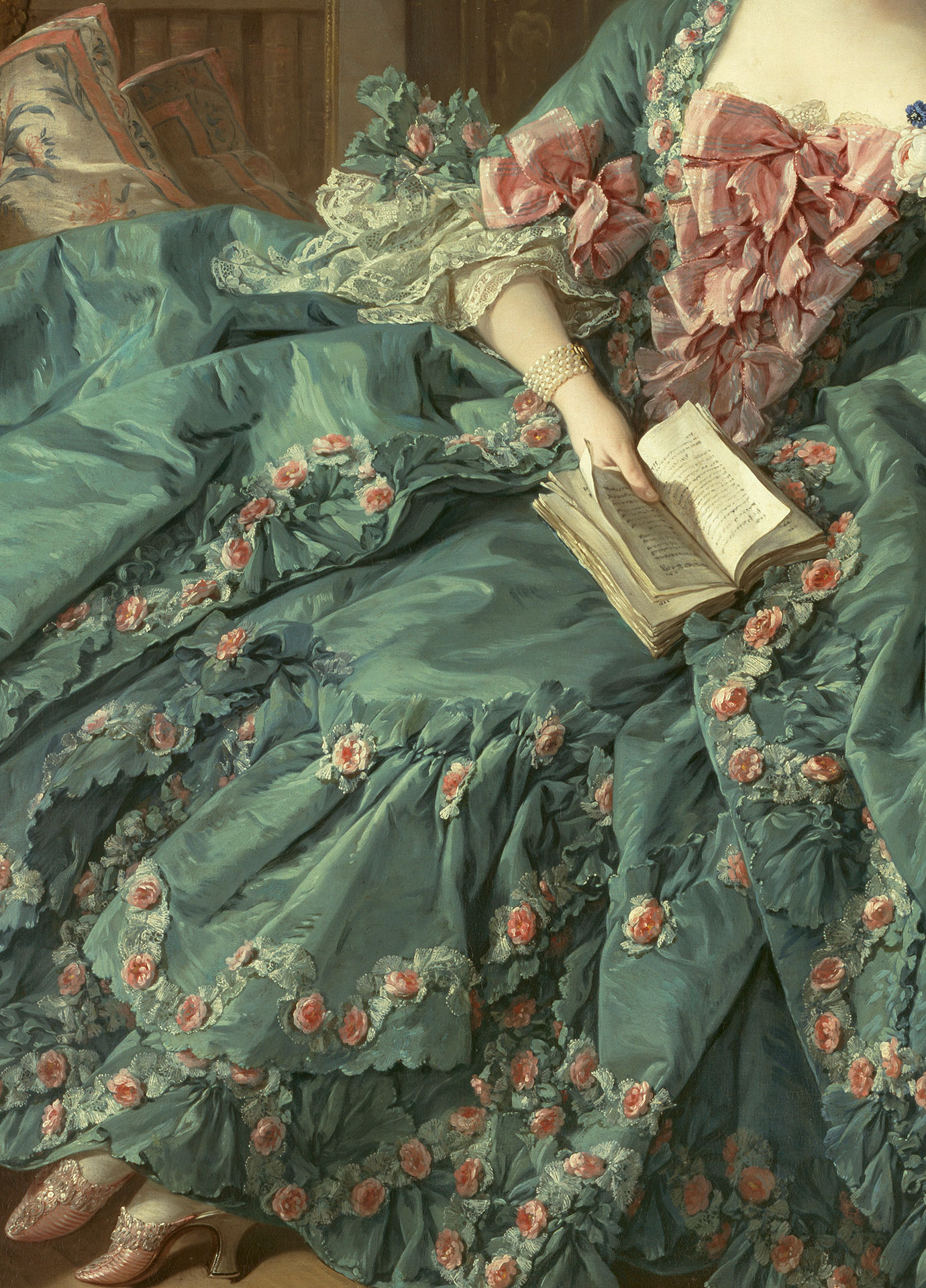 Detail of the painting Portrait of Madame de Pompadour by François Boucher. The cutting lies on the open book in her lap.