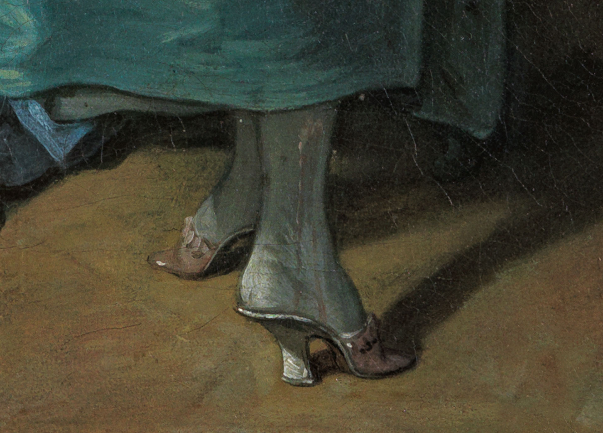 Detail des Gemäldes Die Morgentoilette von François Boucher. Der Ausschnitt zeigt die Schuhe mit Absatz , die die Frau trägt.