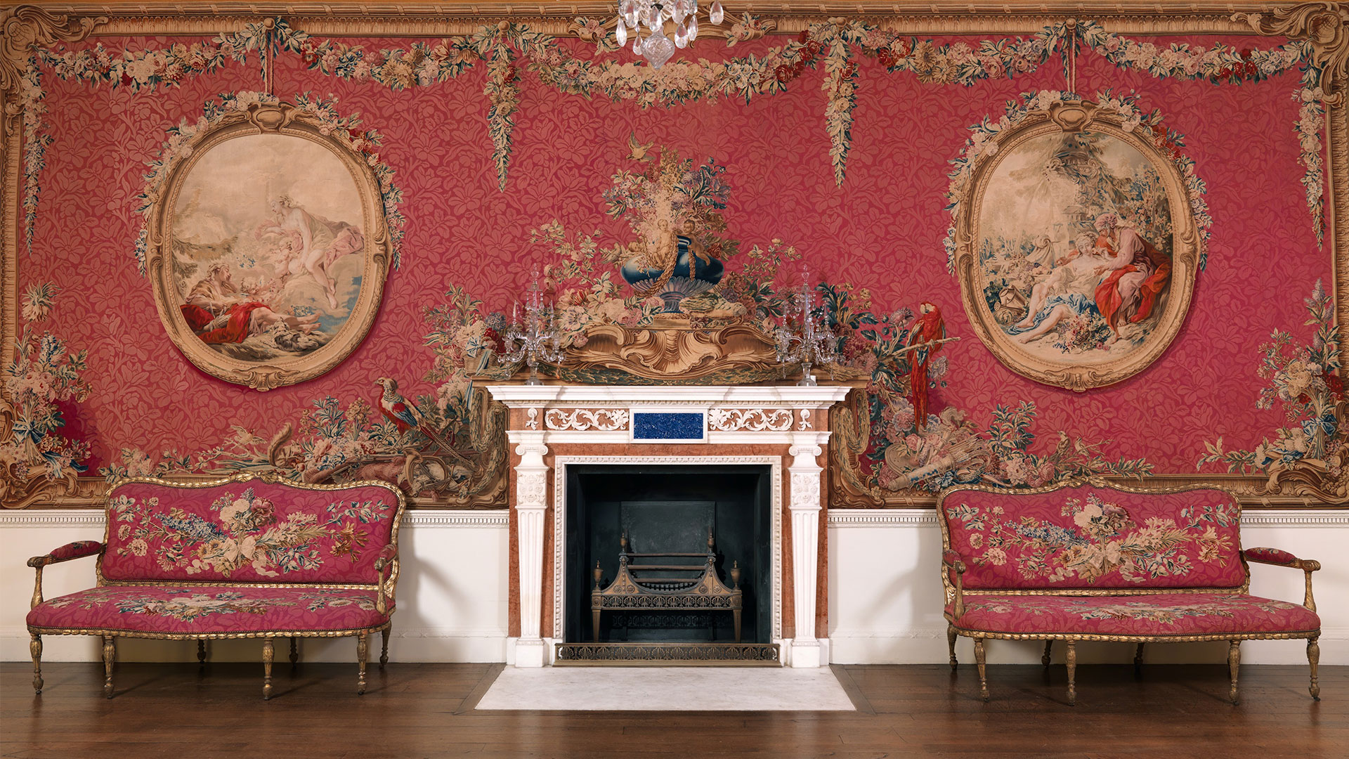 Photograph of the Tapestry Room at Croome Court showing tapestries after François Boucher.