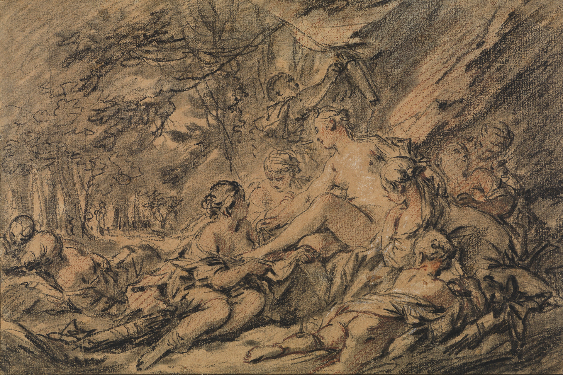 Zeichnung der Jagdgöttin Diana, die mit ihren Nymphen im Wald rastet