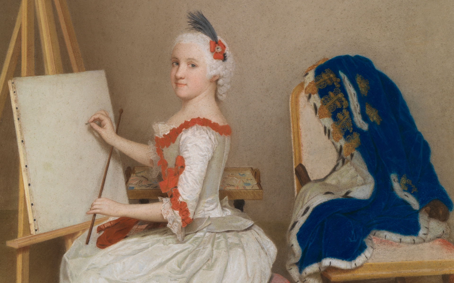 Detail aus Liotards Pastellporträt der Markgräfin Karoline Luise, die an einer Staffelei sitzt.