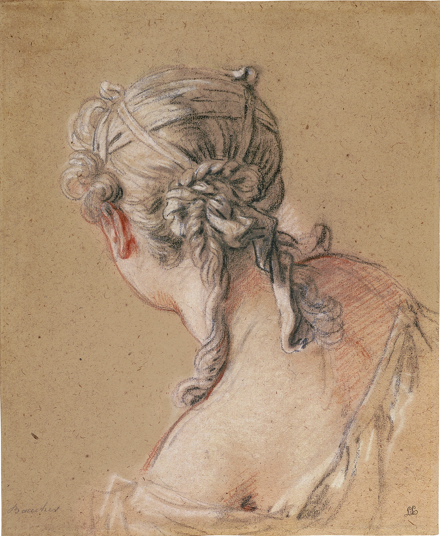 Abbildung von Bouchers Werk Kniende junge Frau mit Kind. Es zeigt einen Ausschnitt des Werkes. Man sieht den Rücken einer jungen Frau.