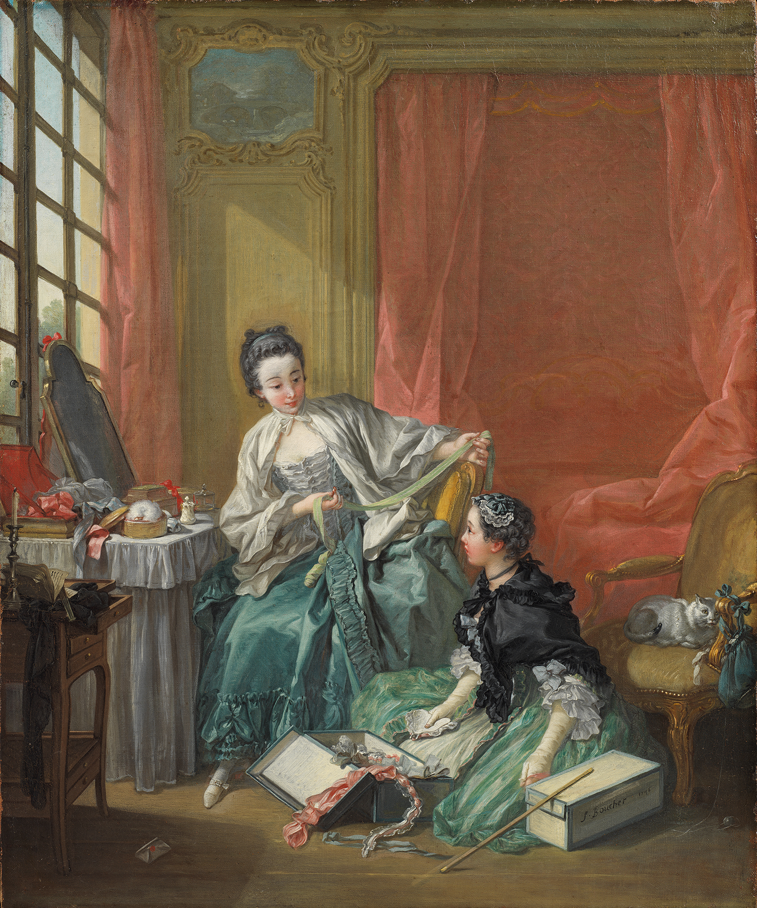 Abbildung von François Bouchers Werk Der Morgen. Es zeigt eine sitzende Frau in barocker Kleidung. Vor ihr kniet eine weitere Frau vor eine Kisten mit Gegenständen.