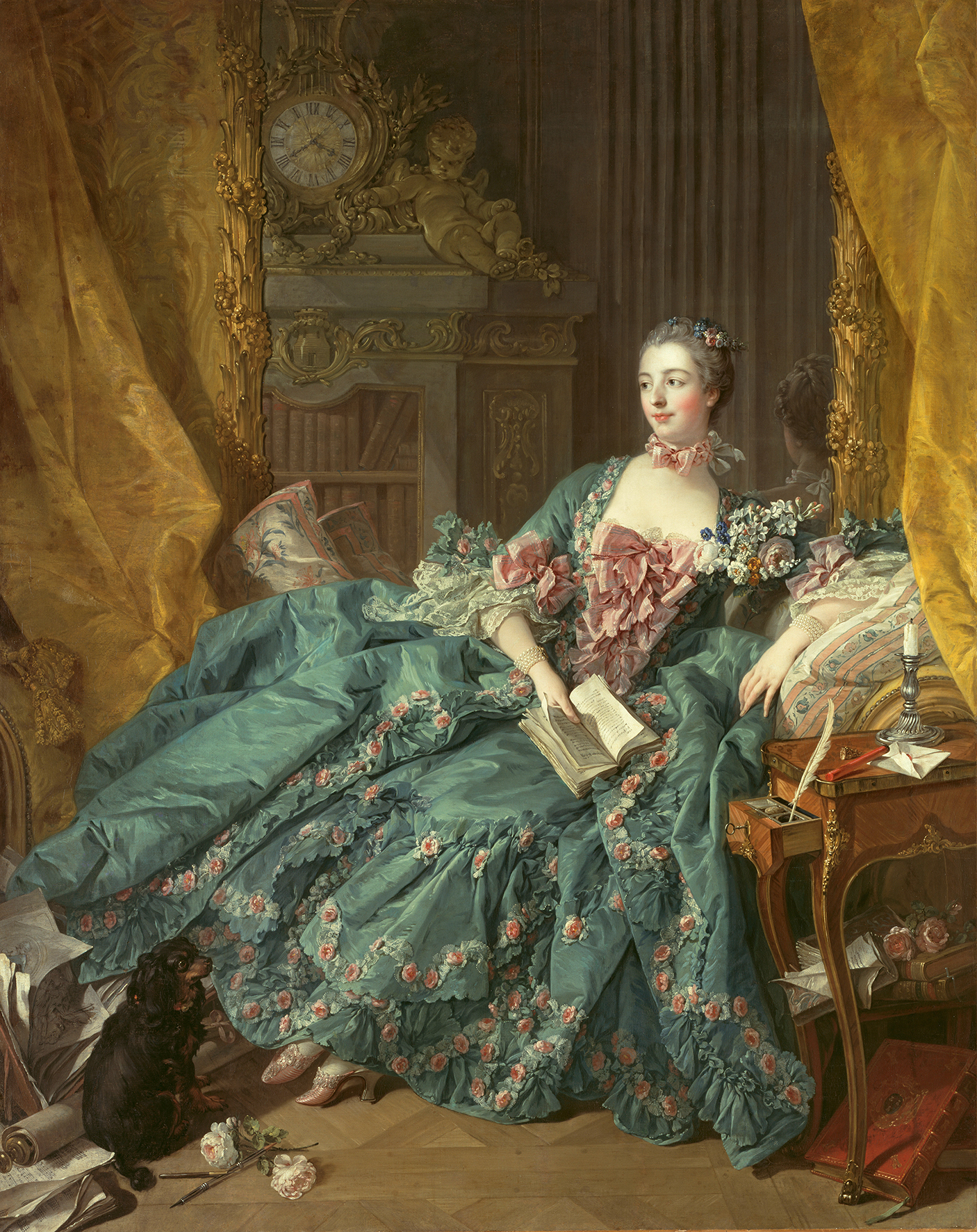 Abbildung von François Boucher, Madame de Pompadour von 1756. Es zeugt eine Frau, die ein opulentes Barockkleid trägt. In ihrer Hand hält sie ein Buch.