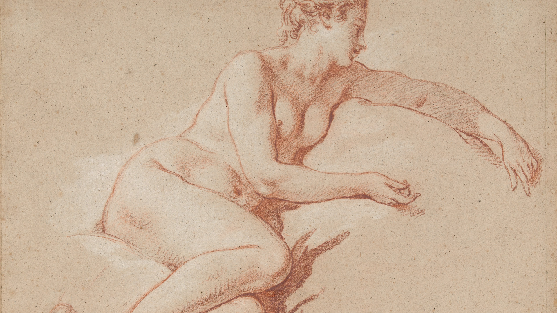 Detail der Zeichnung Liegender weiblicher Akt des Künstlers François Boucher aus dem Rijksmuseum Amsterdam.
