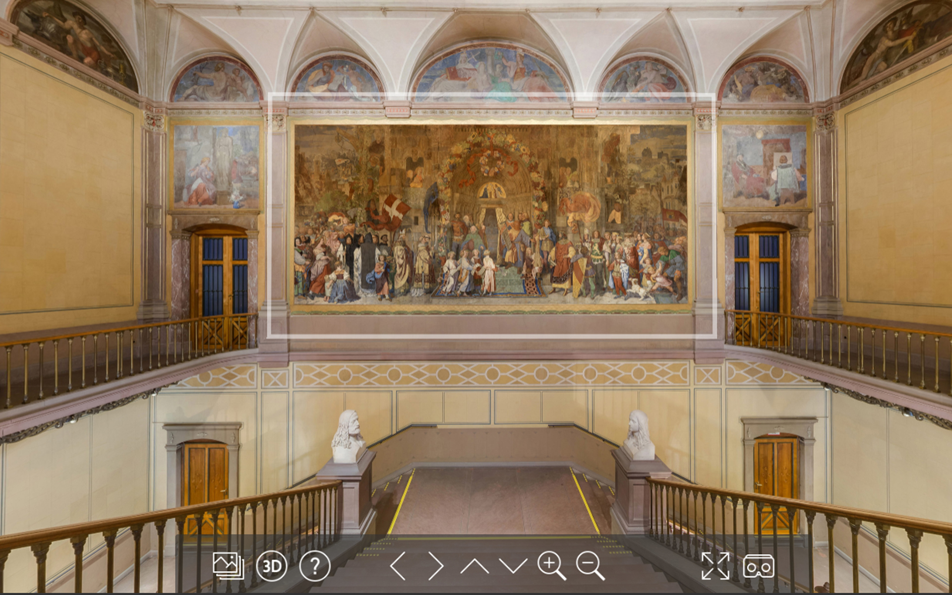 Screenshot der virtuellen Tour durch die Kunsthalle Karlsruhe, auf dem das Schwindfresko im Treppenhaus zu sehen ist