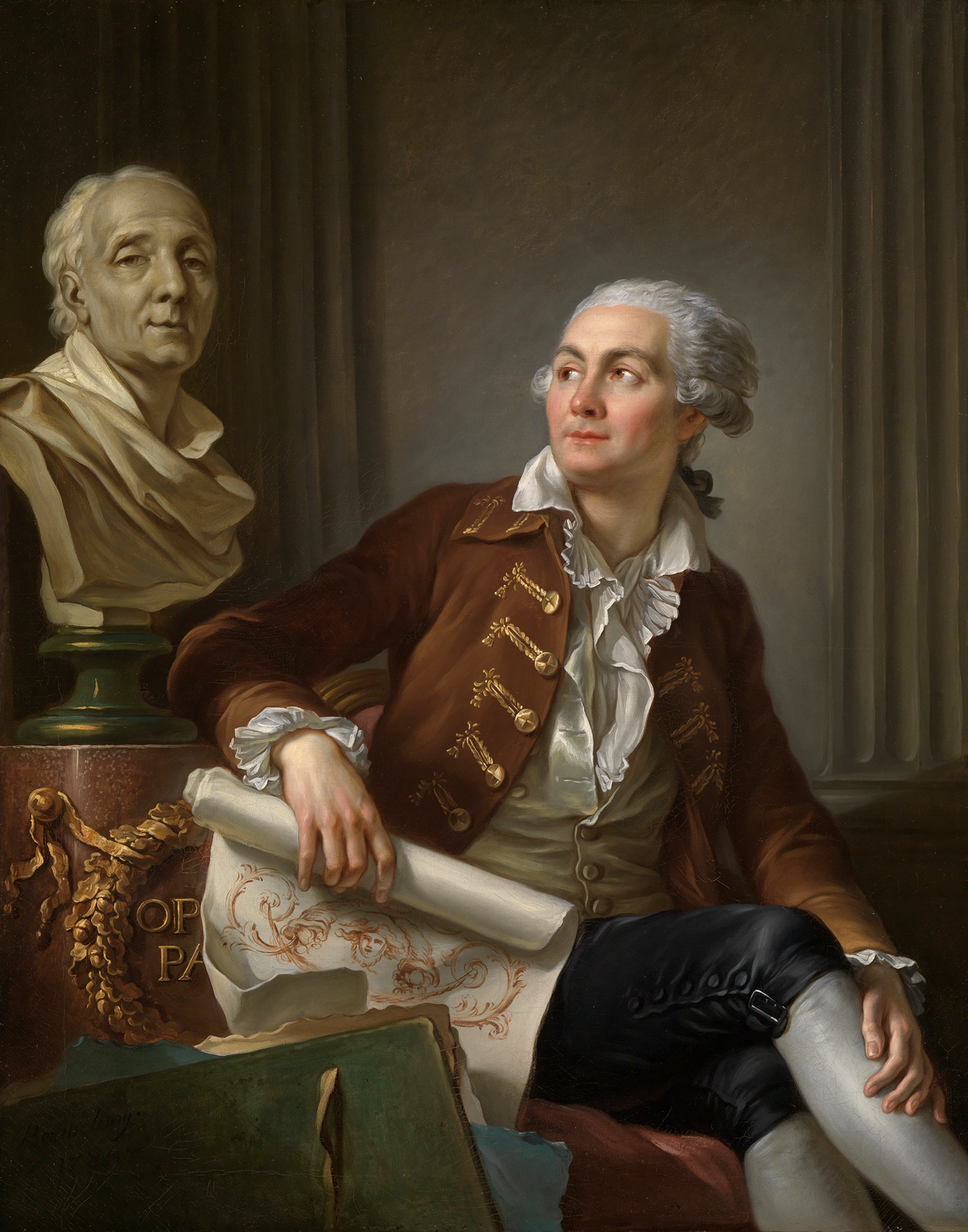 Jean-Simon Berthélemys Gemälde, auf dem ein edel gekleideter Herr zur Büste des Denis Diderot blickt
