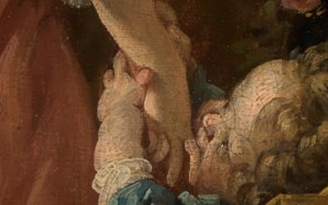 Biss in den Finger im Detailausschnitt des Gemäldes Das verzogene Kind von François Boucher.