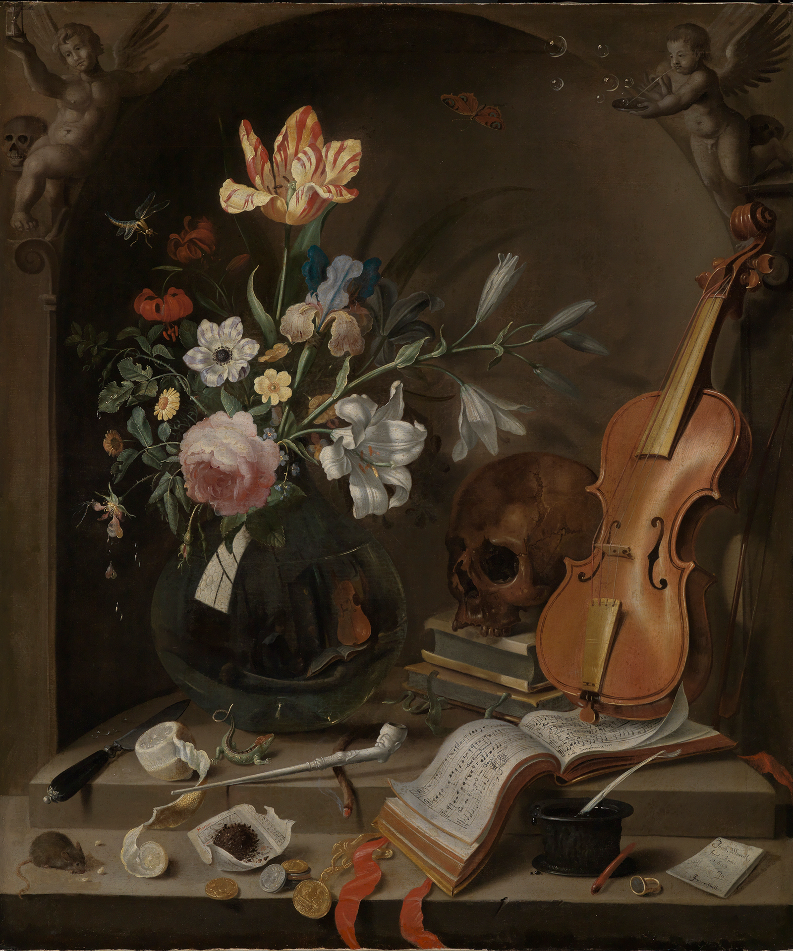 Das Vanitas-Stillleben von Jacob Marrel zeigt neben einem Blumenarrangement u.a. eine Geige, einen Totenkopf und Insekten