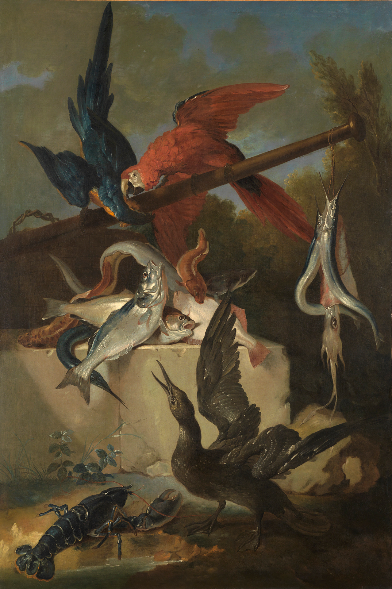 Gemälde von Jean-Baptiste Oudry, das Papageien, Seevögel und Fische zeigt