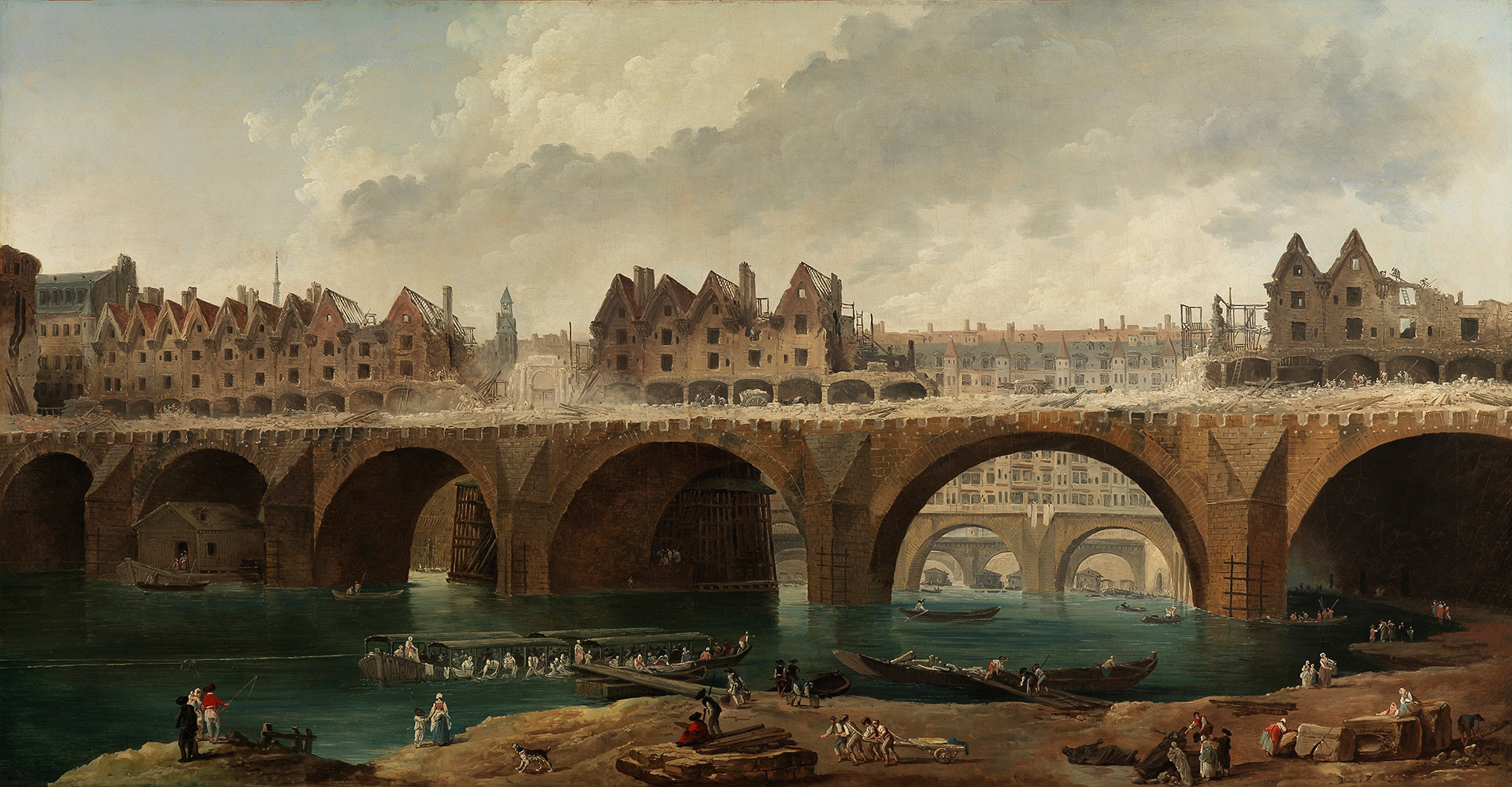 Gemälde von Hubert Robert, das den Abriss der Häuser auf der Notre-Dame-Brücke in Paris zeigt