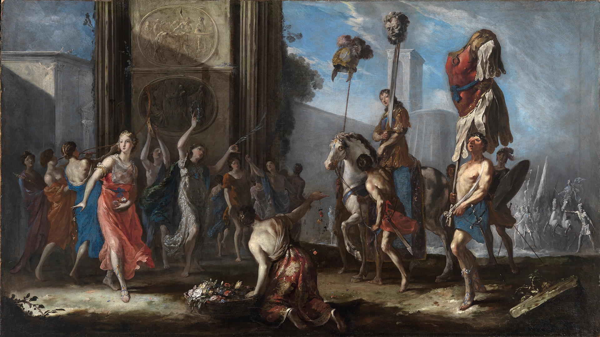 Gemälde von Johann Heinrich Schönfeld, das den Triumphzug des David nach seinem Sieg über Goliath zeigt
