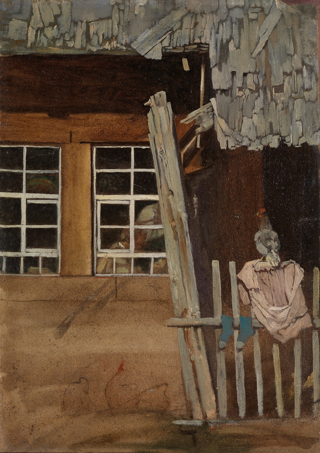 Gemälde, das die Ecke eines Hauses zeigt, auf dessen Haus Wäsche aufgehängt ist und ein Huhn sitzt.
