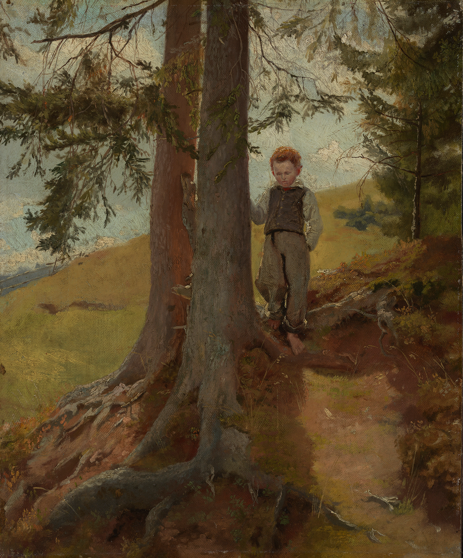 Hans Thoma zeigt ein junges Kind neben einem Baumstamm am Waldesrand stehend