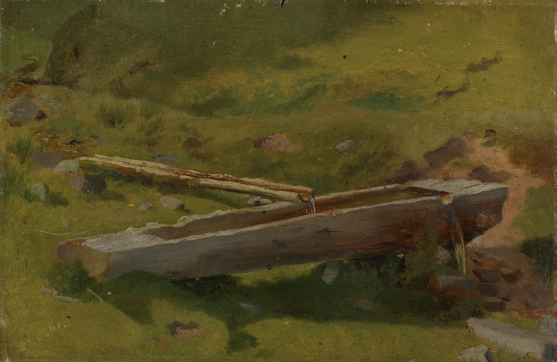 Das Landschaftsgemälde von Hans Thoma zeigt einen Baumstamm, der als Brunnentrog verwendet wird.