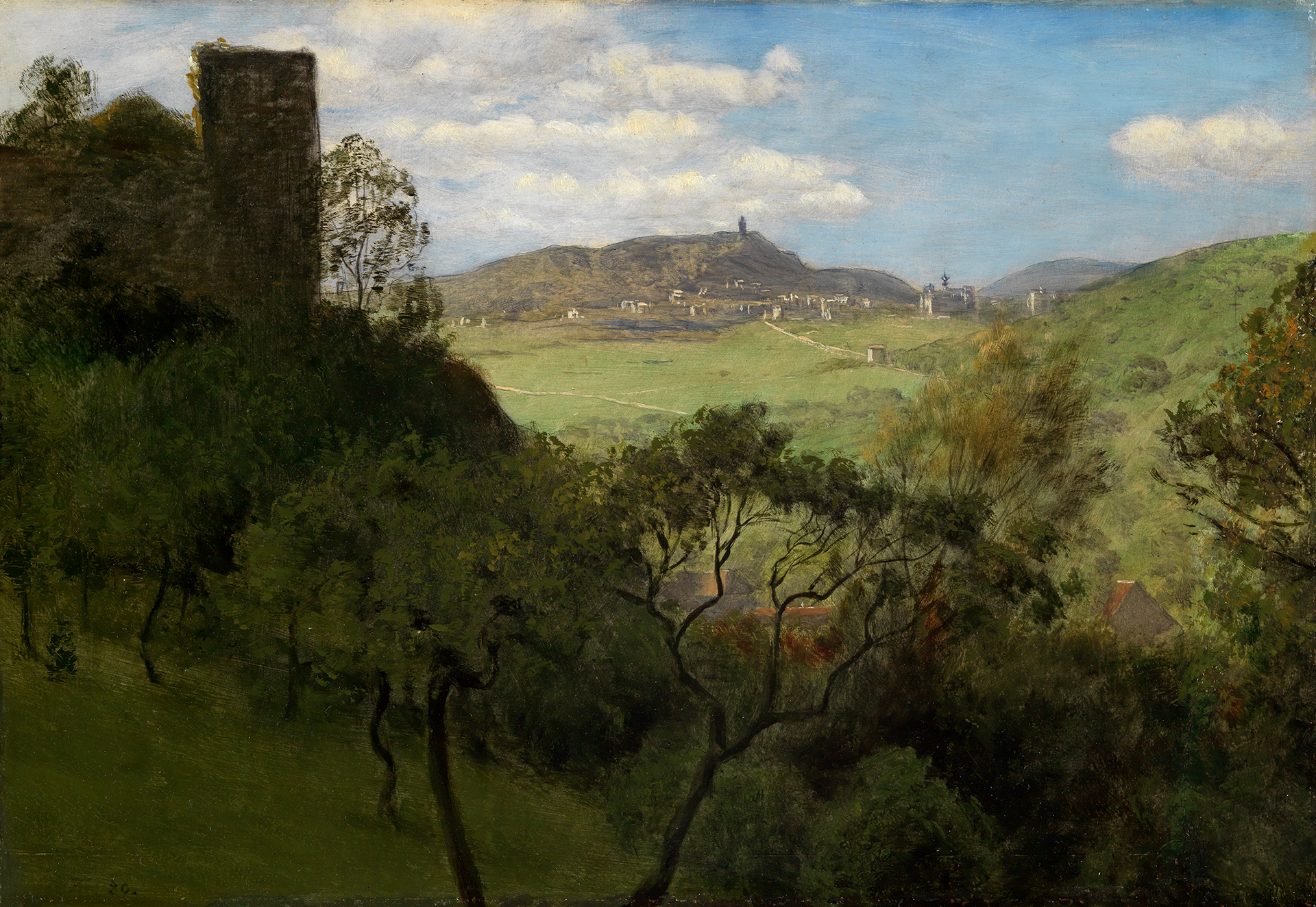 Landschaftsgemälde von Hans Thoma, das den Blick auf ein Tal und eine Burg zeigt