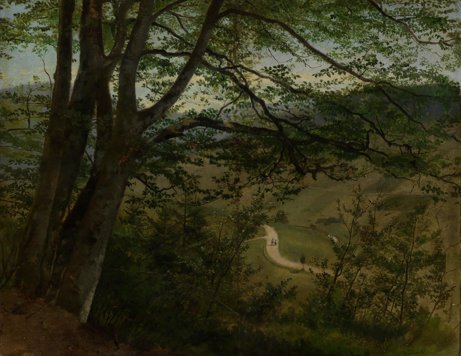 Das Landschaftsgemälde des Schwarzwaldmalers Hans Thoma zeigt den durch Äste gesäumten Blick auf ein Tal mit einem geschlängelten Weg
