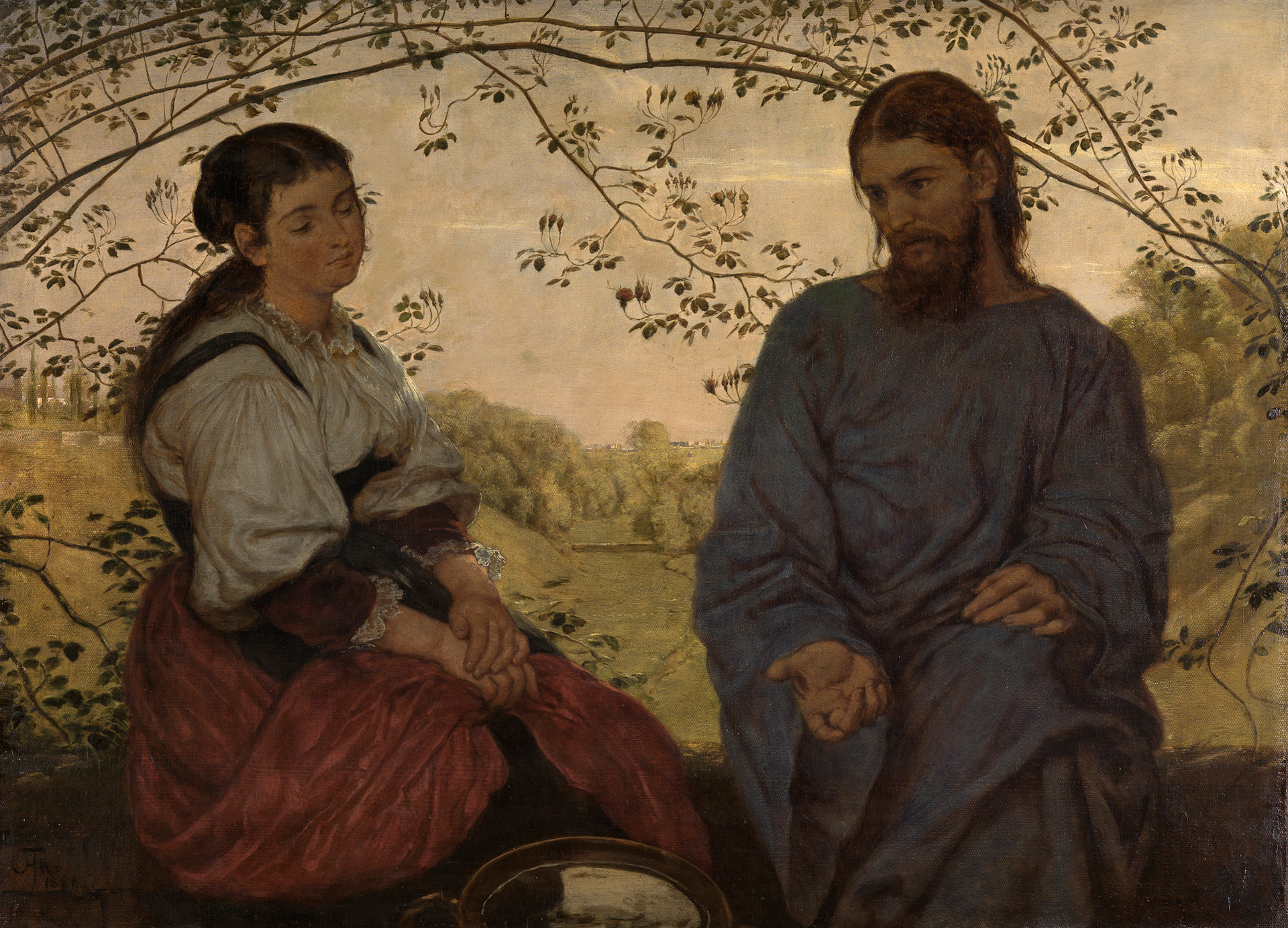 Gemälde, das Jesus und eine Frau sitzend, im Gespräch miteinander vertieft, zeigt