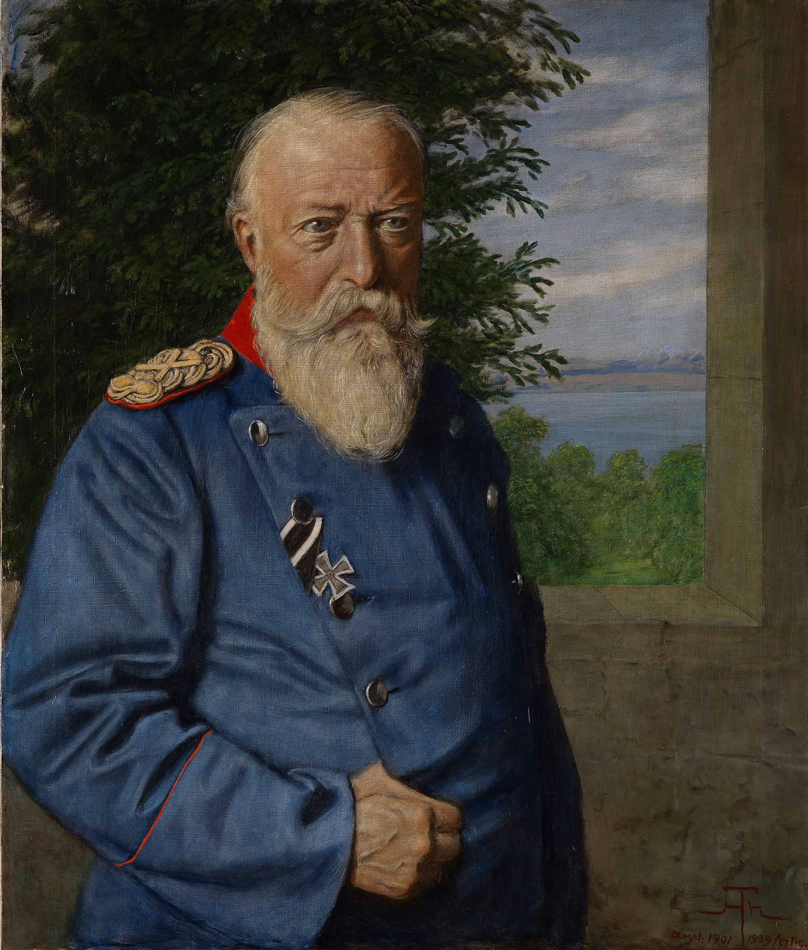 Porträt des Grossherzog Friedrich I. von Baden in Uniform, im Hintergrund der Blick auf einen See