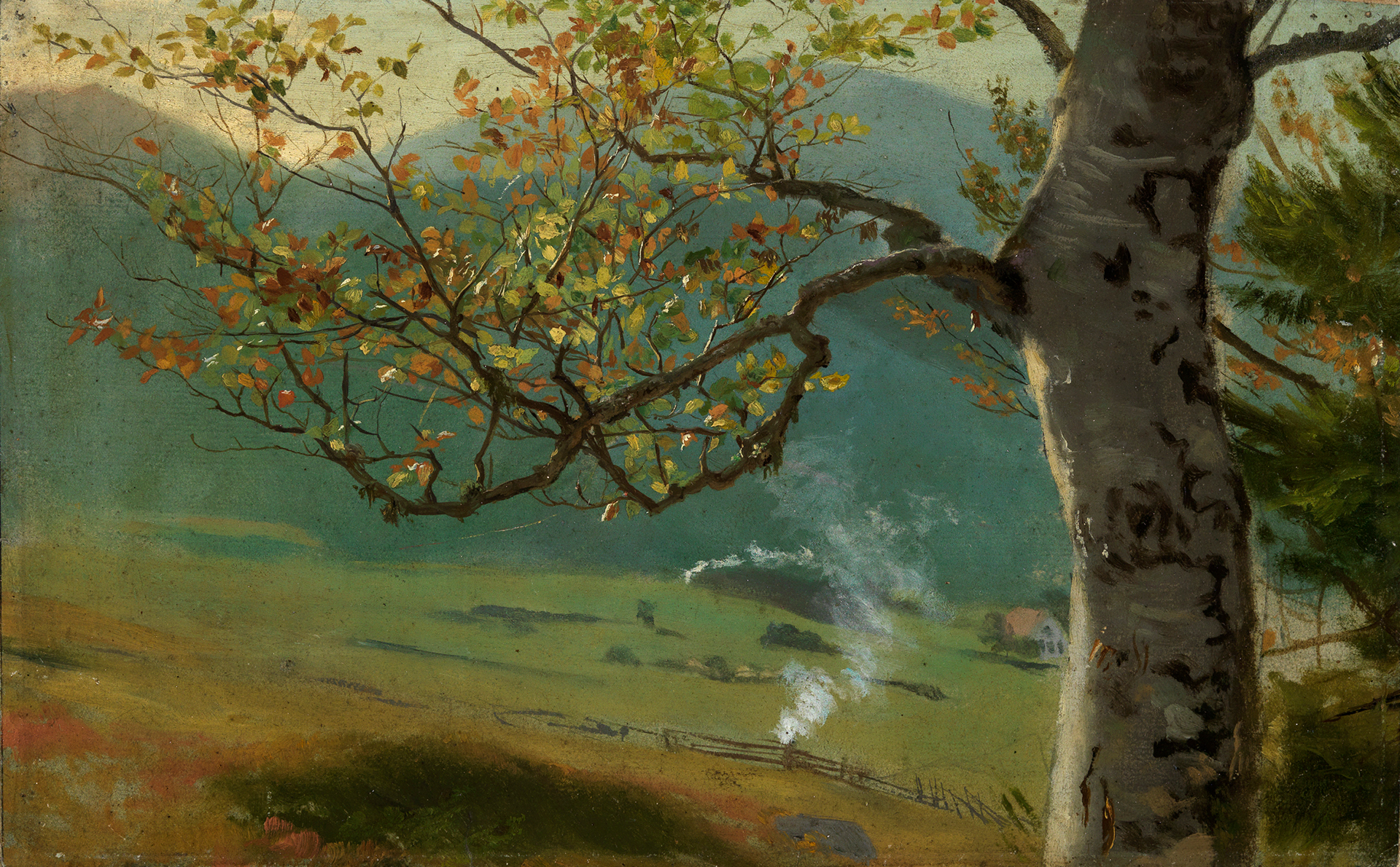 Im Vordergrund des Gemäldes ist ein herbstlich gefärbter Baum zu sehen, im Hintergrund lässt sich ein kleines Dorf erahnen