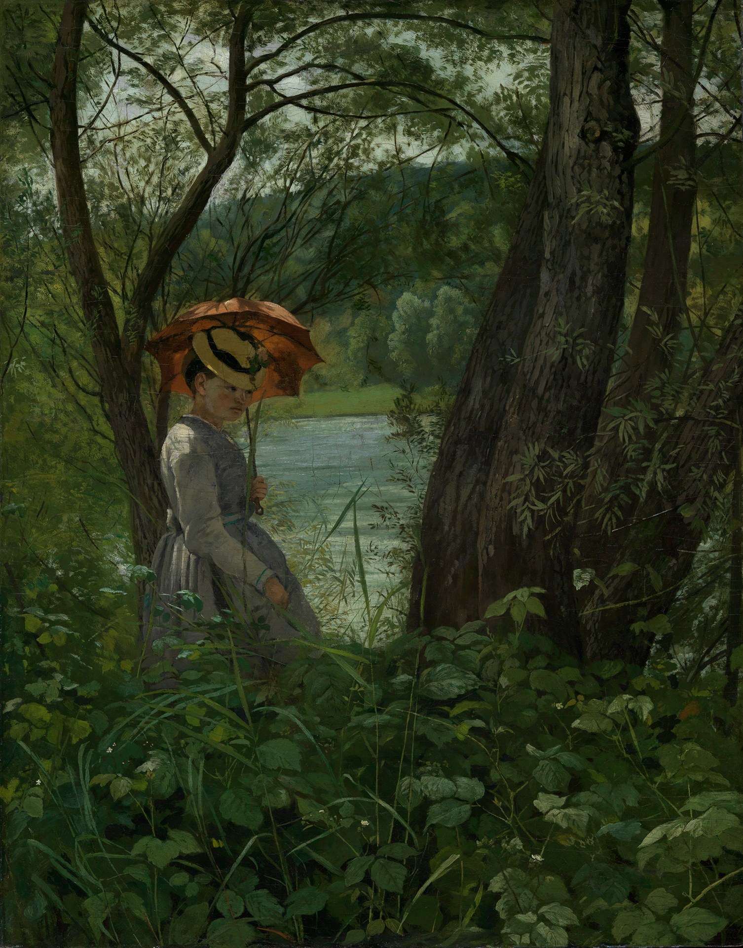 Gemälde eines mit Sonnenschirm versehenen, elegant gekleideten Mädchens in der Natur