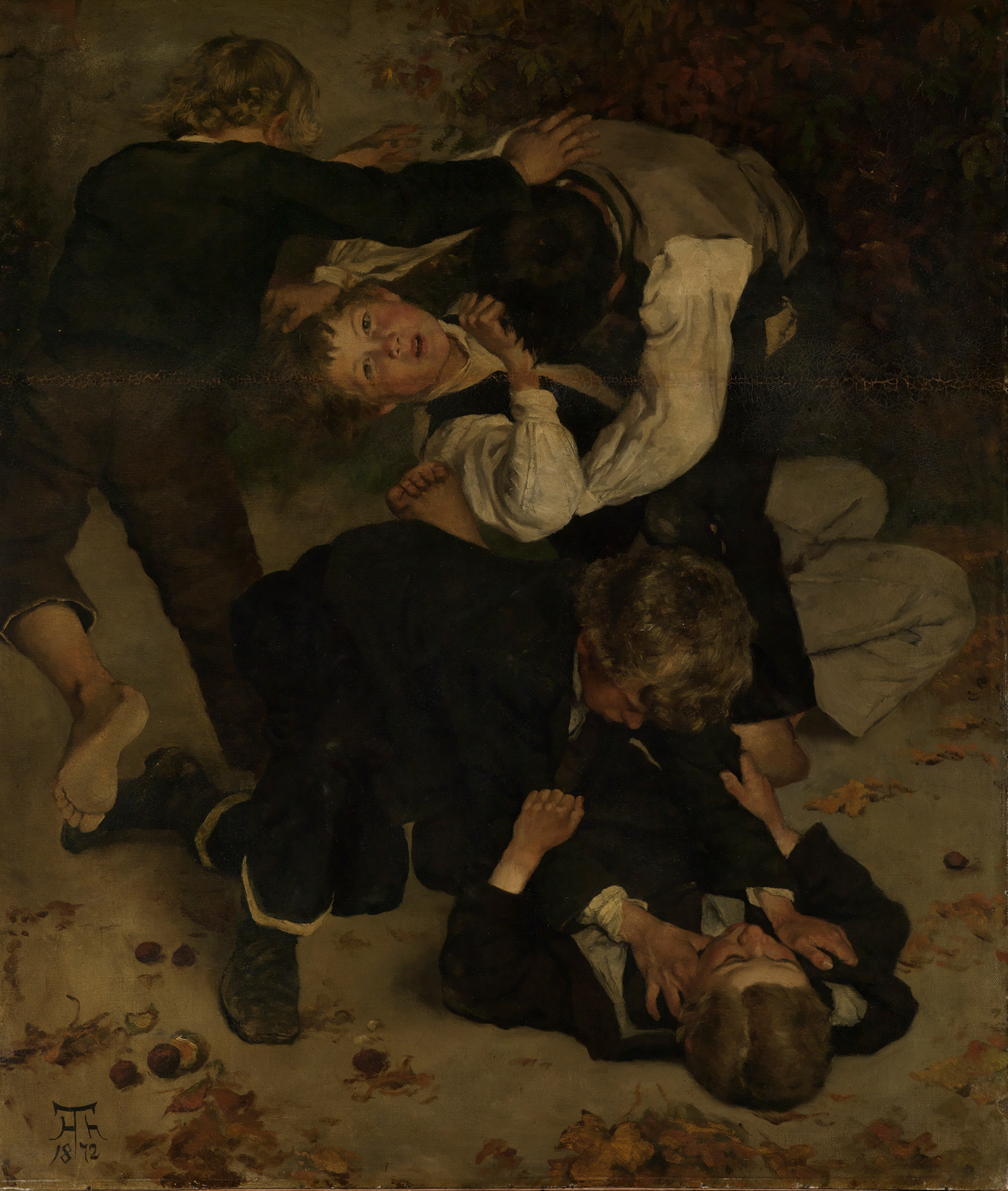 Gemälde von Hans Thoma, das fünf Kinder zeigt, die miteinander raufen