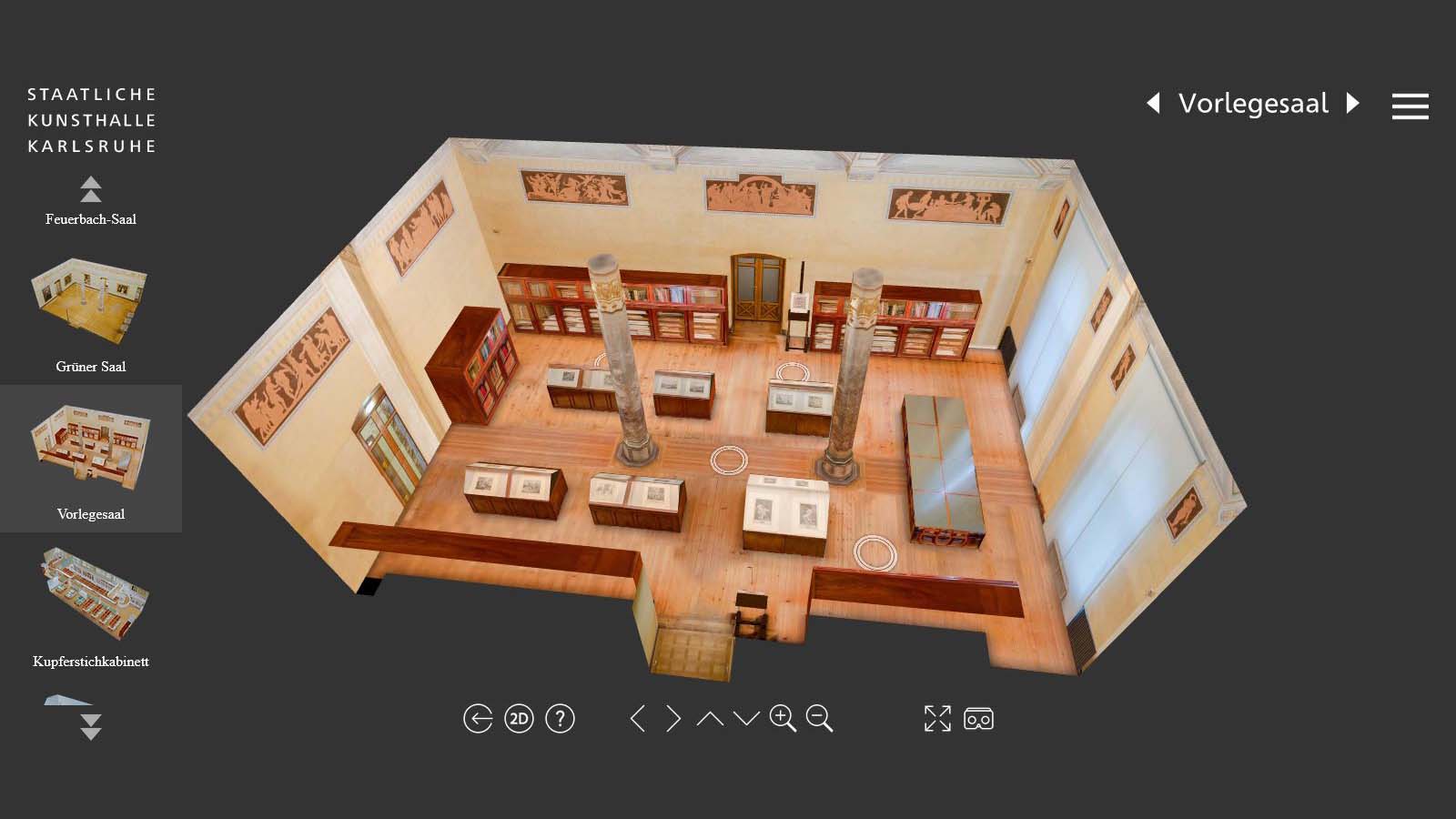 Screenshot aus der 360 Grad Tour der Kunsthalle, auf dem ein 3D Modell des Vorlegesaals zu sehen ist.