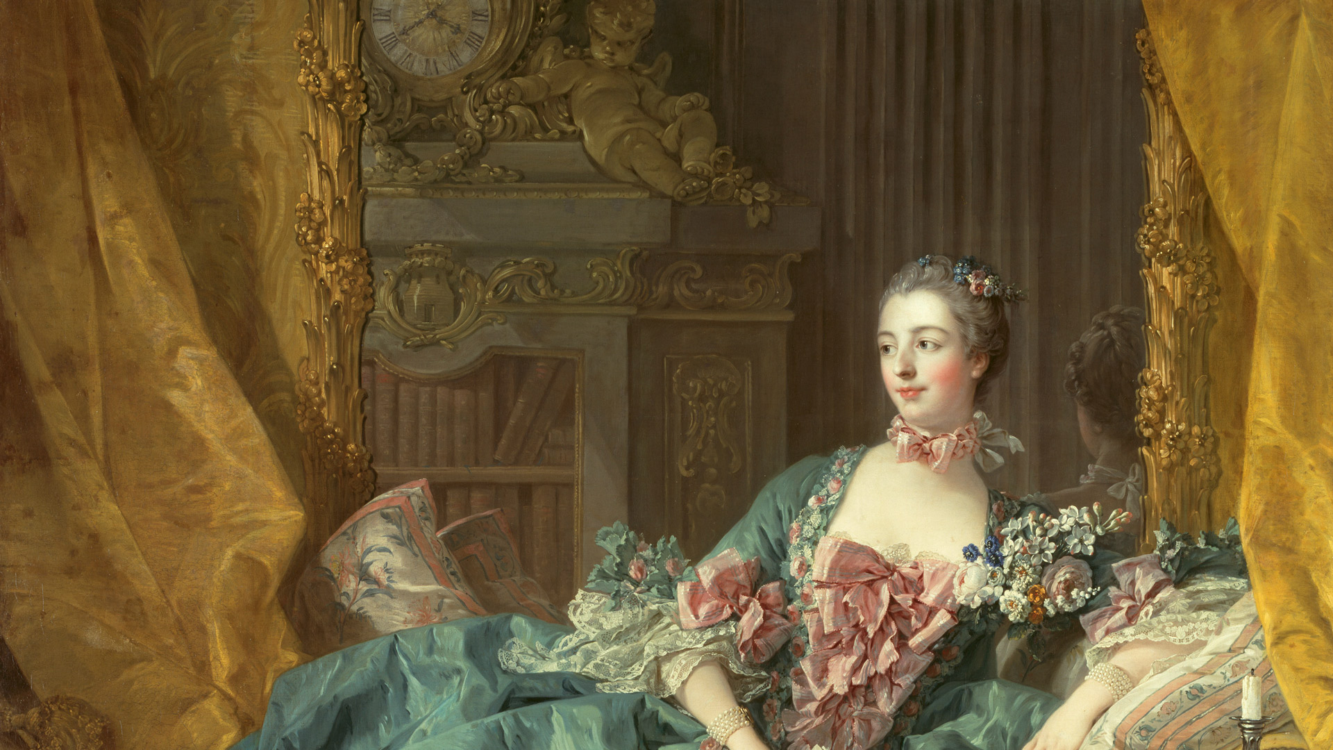 Ausschnitt eines Boucher Gemäldes. Es zeigt eine Frau die in einem opulenten Kleid auf einer Liege liegt.