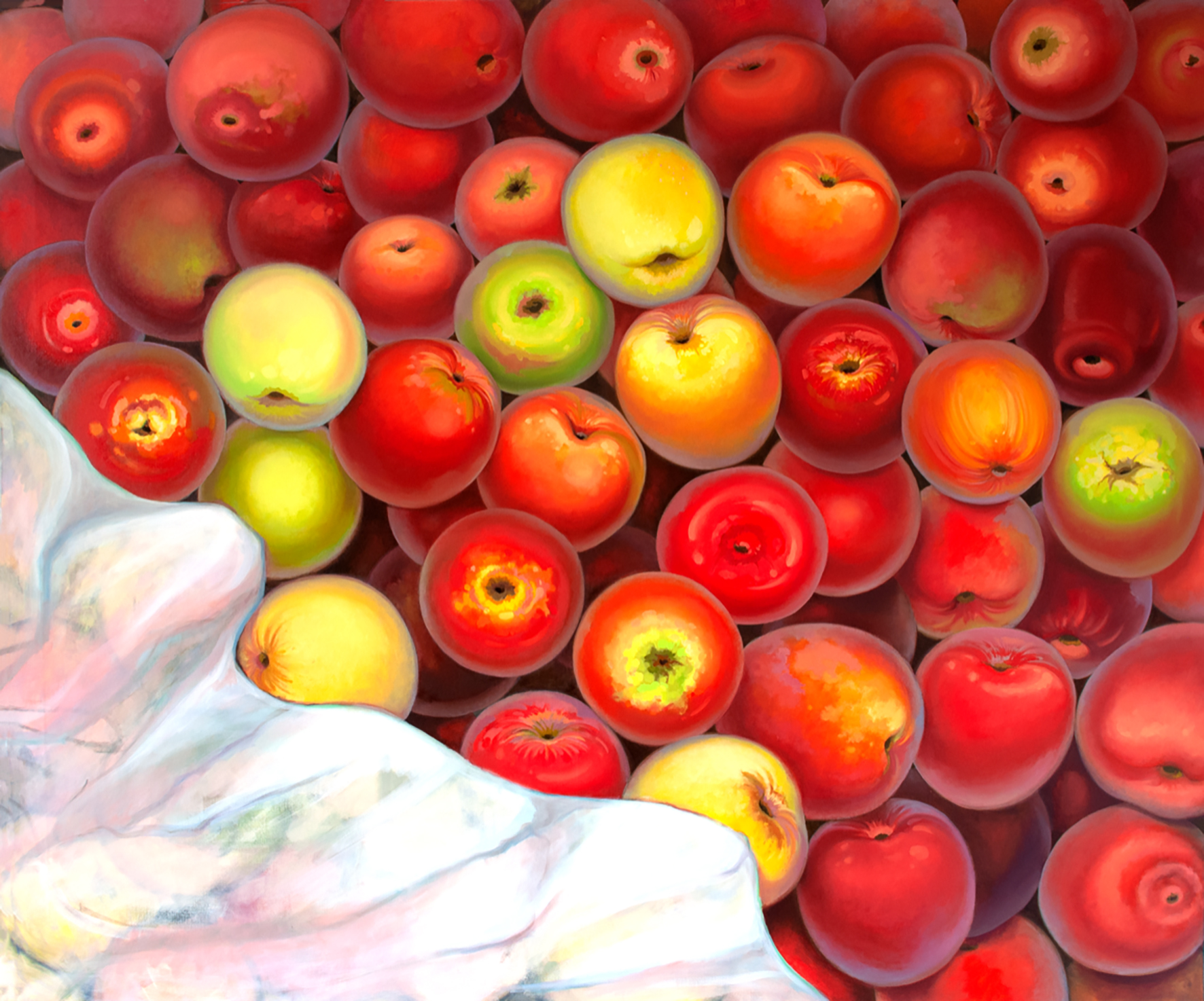Das Kunstwerk des Künstlers So-Jin Kim zeigt viele rote Äpfel.