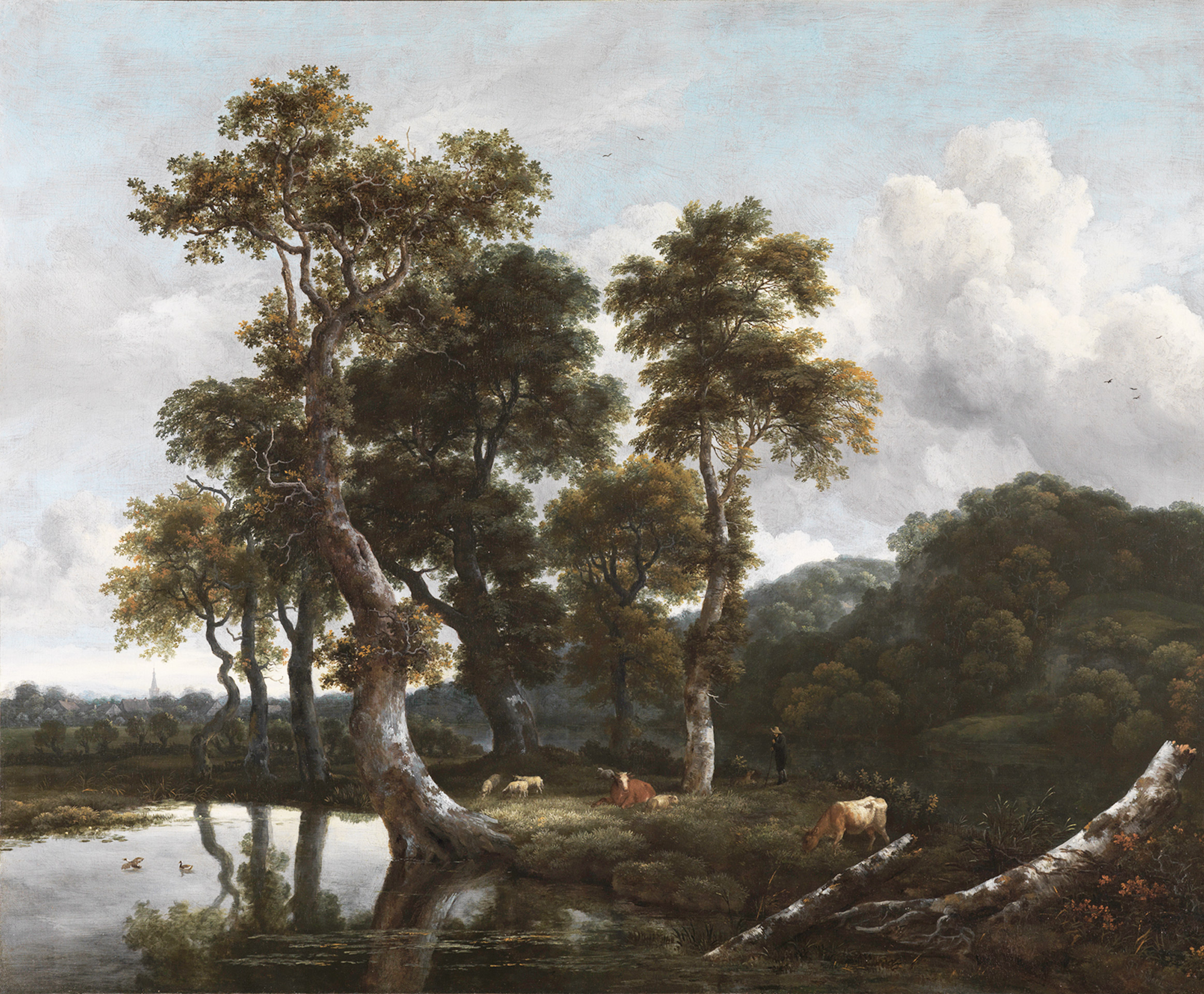 Abbildung des Gemäldes Große Baumgruppe am Wasser des Künstlers Jakob van Ruisdael zu sehen in der Ausstellung Inventing Nature