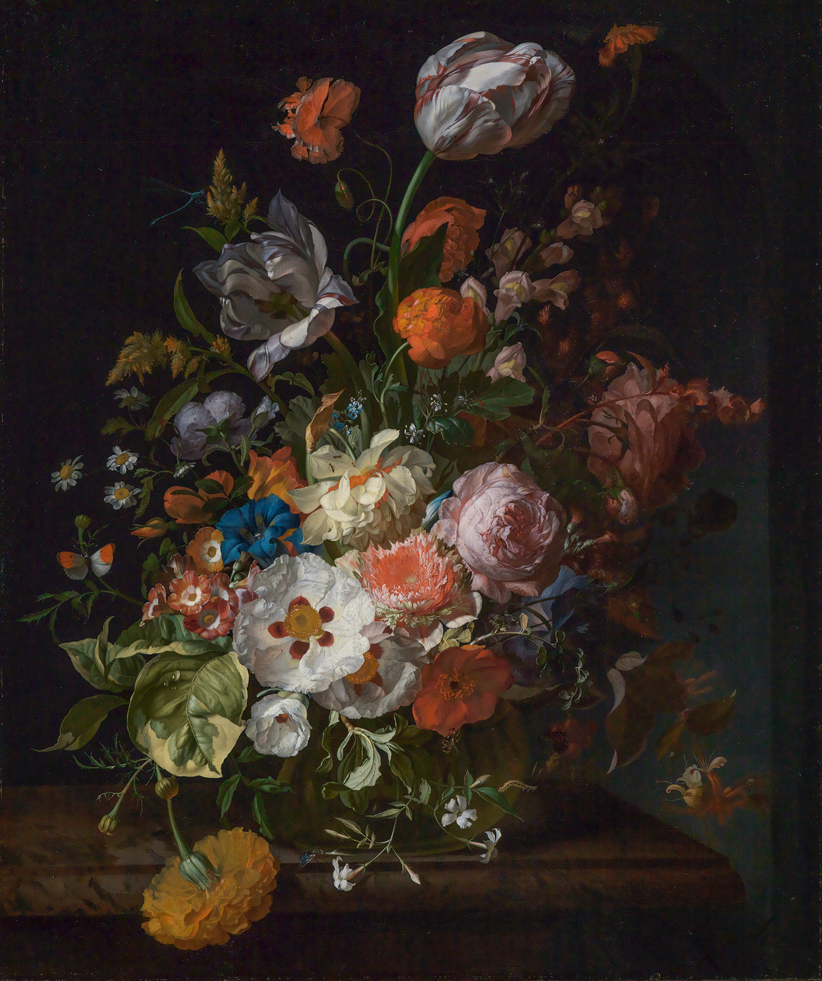 Abbildung des Gemäldes Blumenstrauß von Rachel Ruysch aus dem Jahr 1715. Es zeigt einen bunten und üppigen Blumenstrauß.
