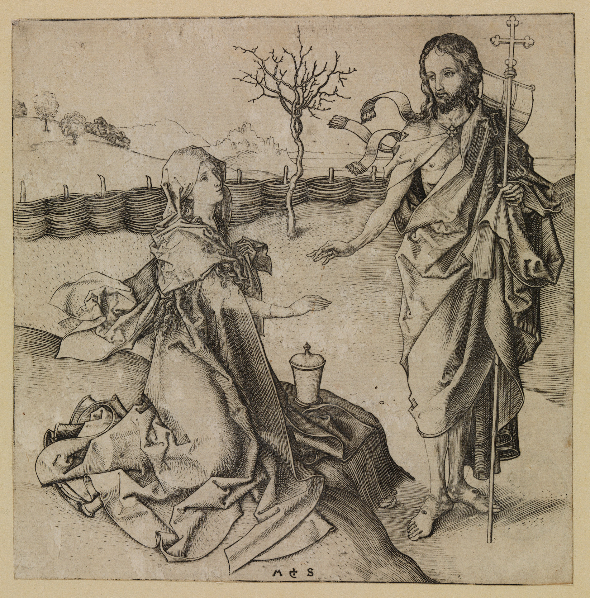 Abgebildet ist eine Zeichnung, die rechts einen jungen Mann, mittig einen Baum und rechts eine kniende Frau zeigt.